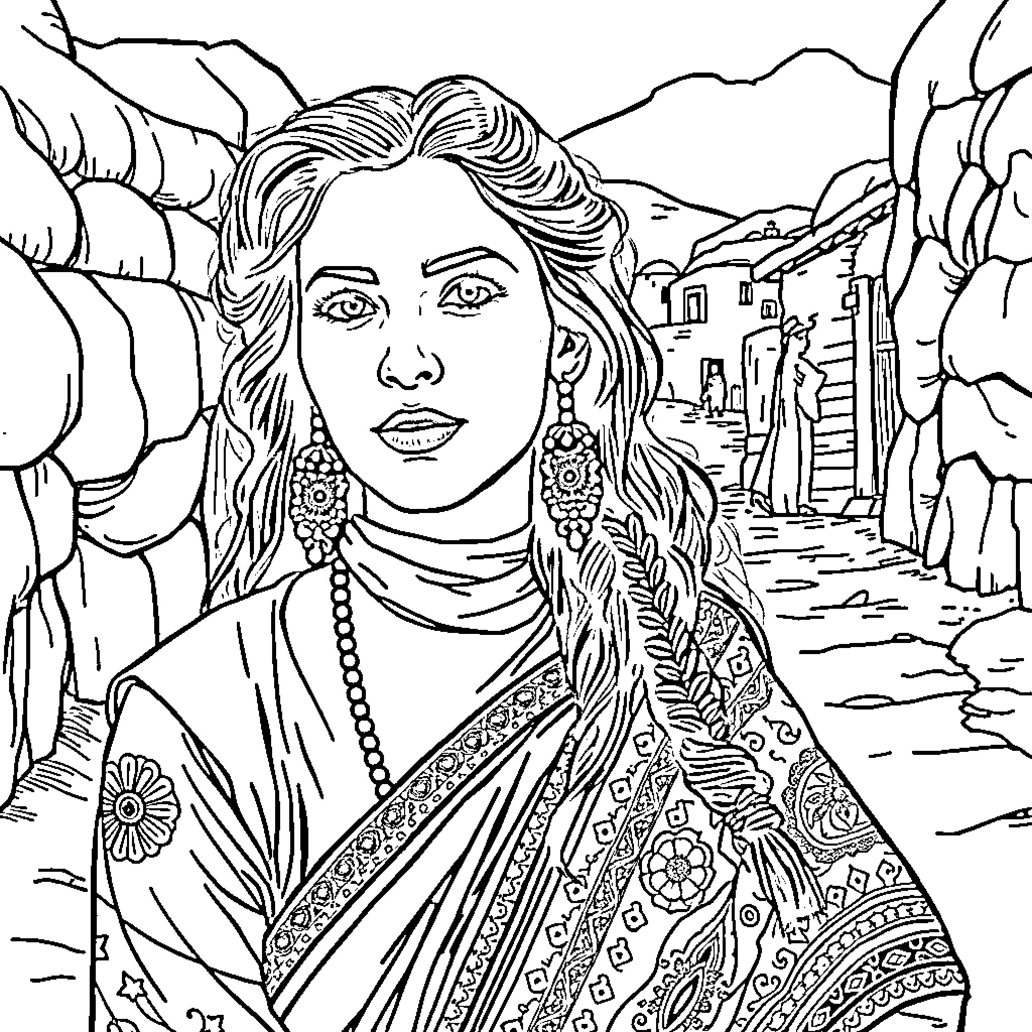 Kabyle Woman in Traditional Dress Amid Mountainous Landscape Coloring Page (free black-and-white line drawing printable PDF for all, from beginners to advanced learners, including children, teens, adults, and seniors)