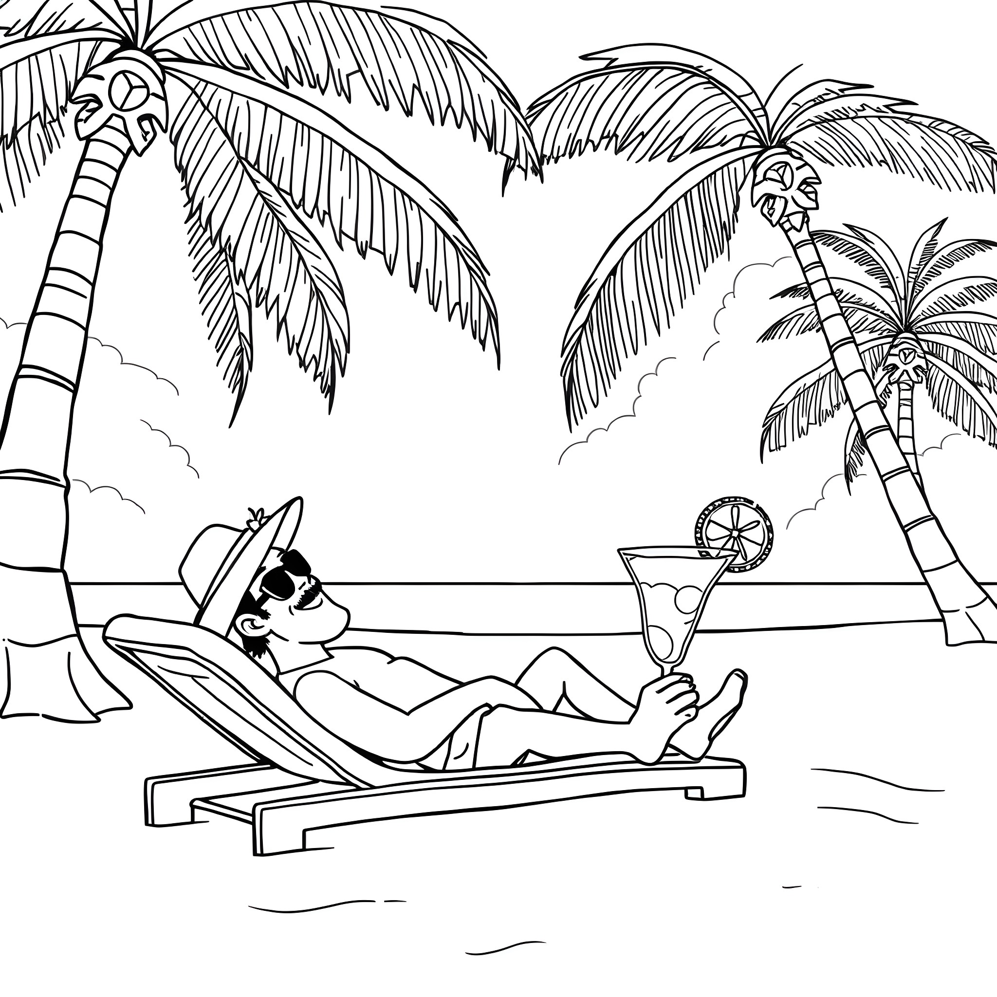 Turk enjoys a tropical vacation on the beach Coloring Page (free black-and-white line drawing printable PDF for all, from beginners to advanced learners, including children, teens, adults, and seniors)