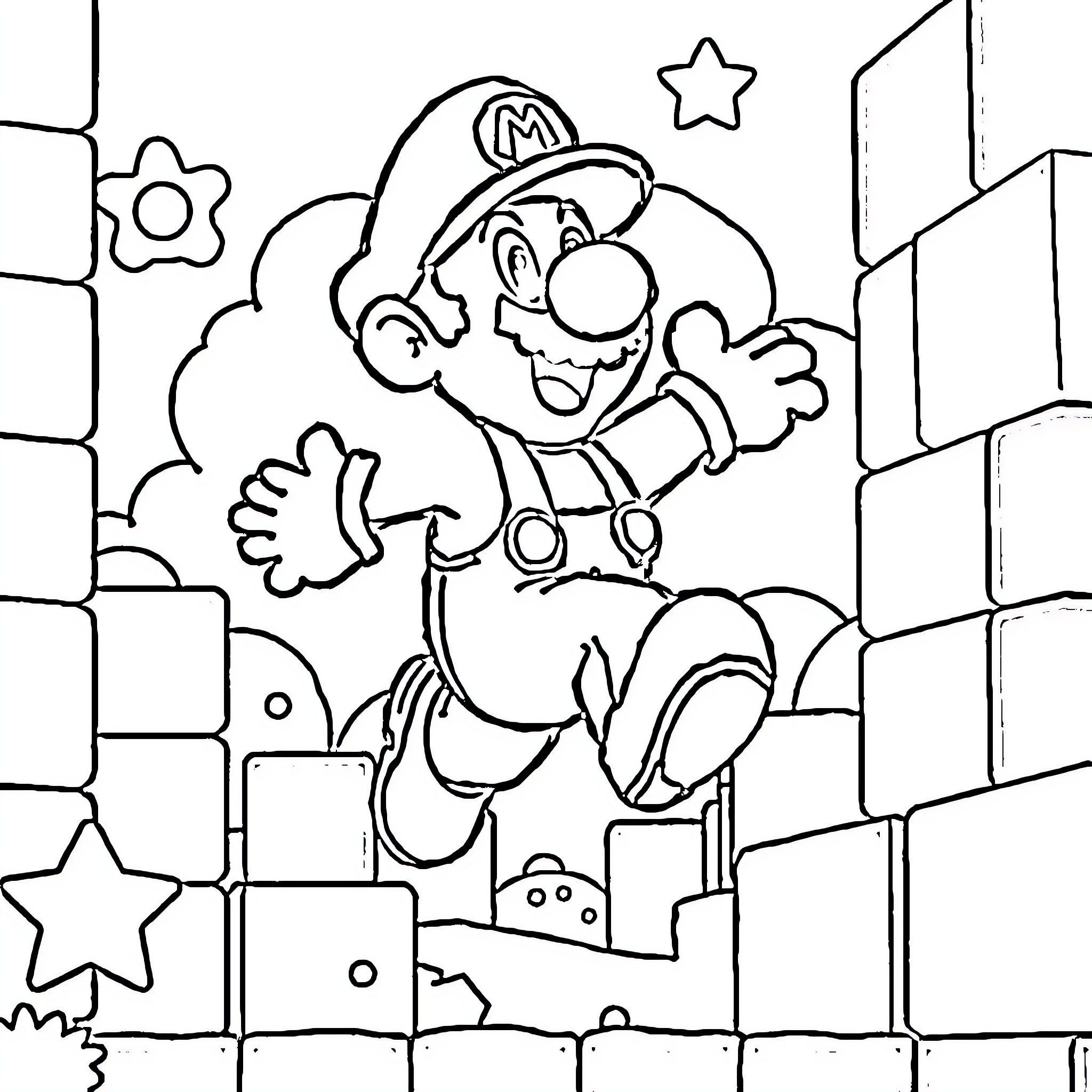 Super Mario jumping happily through the Mushroom Kingdom Coloring Page (free black-and-white line drawing printable PDF for all, from beginners to advanced learners, including children, teens, adults, and seniors)