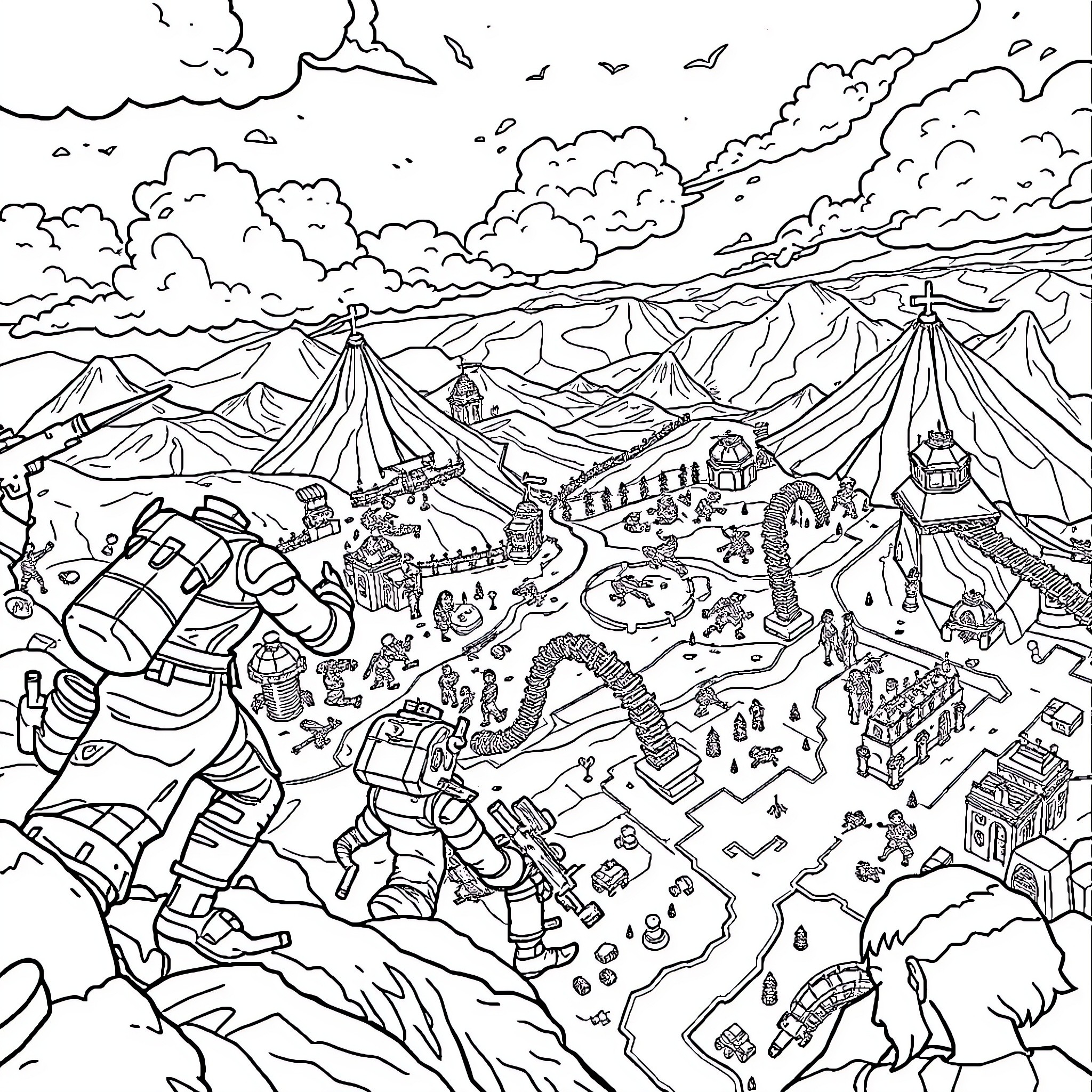 BGMI Fantasy Game World with Diverse Landscapes and Structures Coloring Page (free black-and-white line drawing printable PDF for all, from beginners to advanced learners, including children, teens, adults, and seniors)