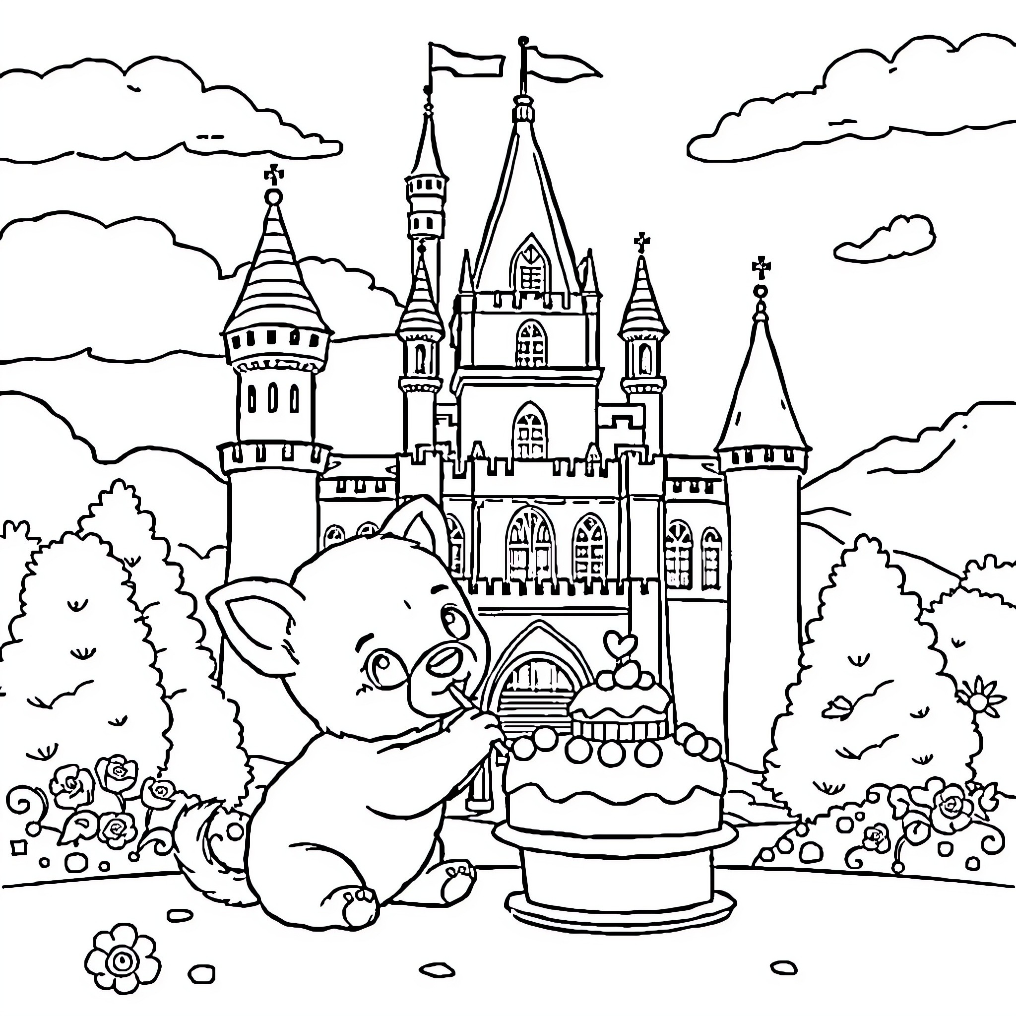 Chiot exploring a whimsical fantasy castle landscape Coloring Page (free black-and-white line drawing printable PDF for all, from beginners to advanced learners, including children, teens, adults, and seniors)