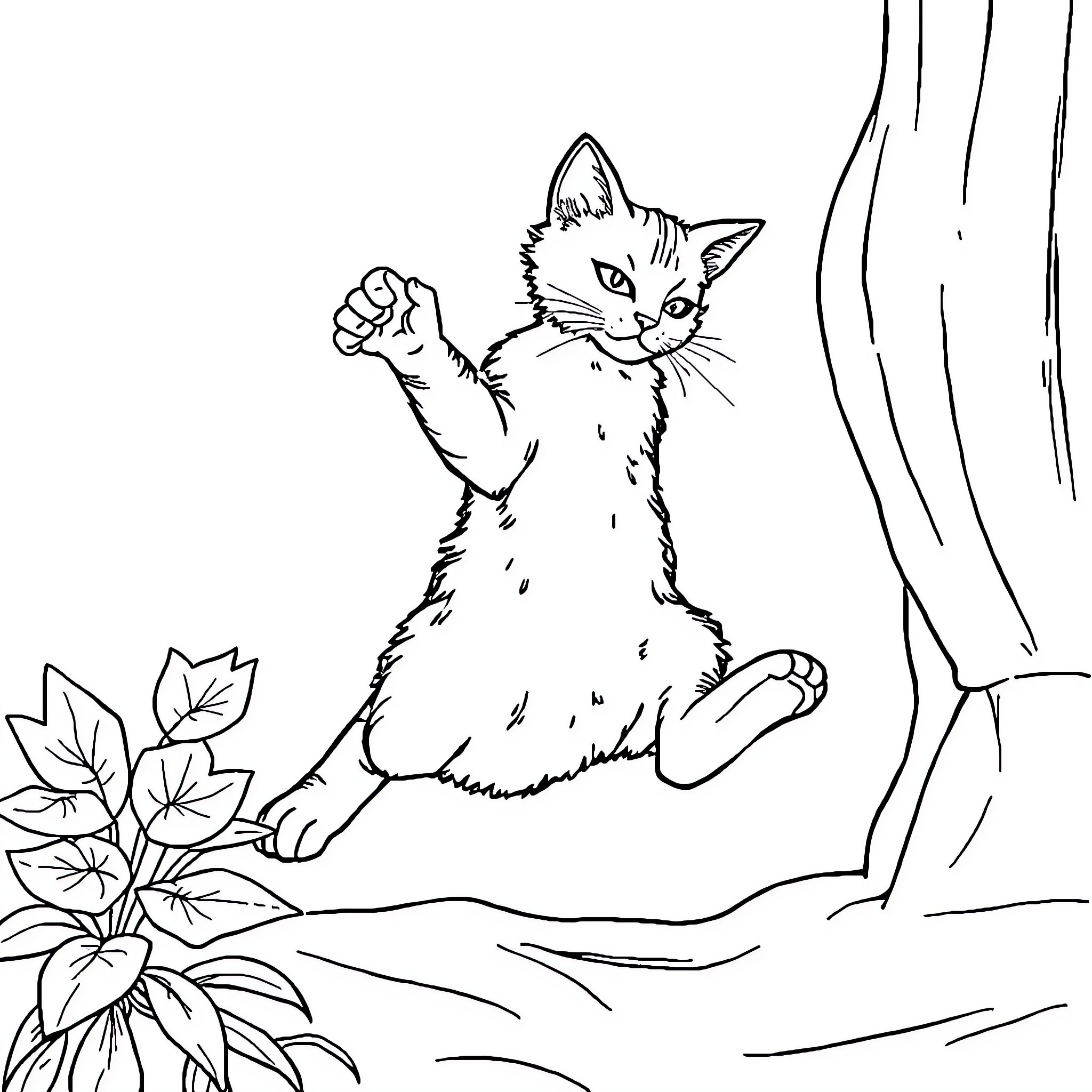 Gato playing playfully with leaves and curtain Coloring Page (free black-and-white line drawing printable PDF for all, from beginners to advanced learners, including children, teens, adults, and seniors)