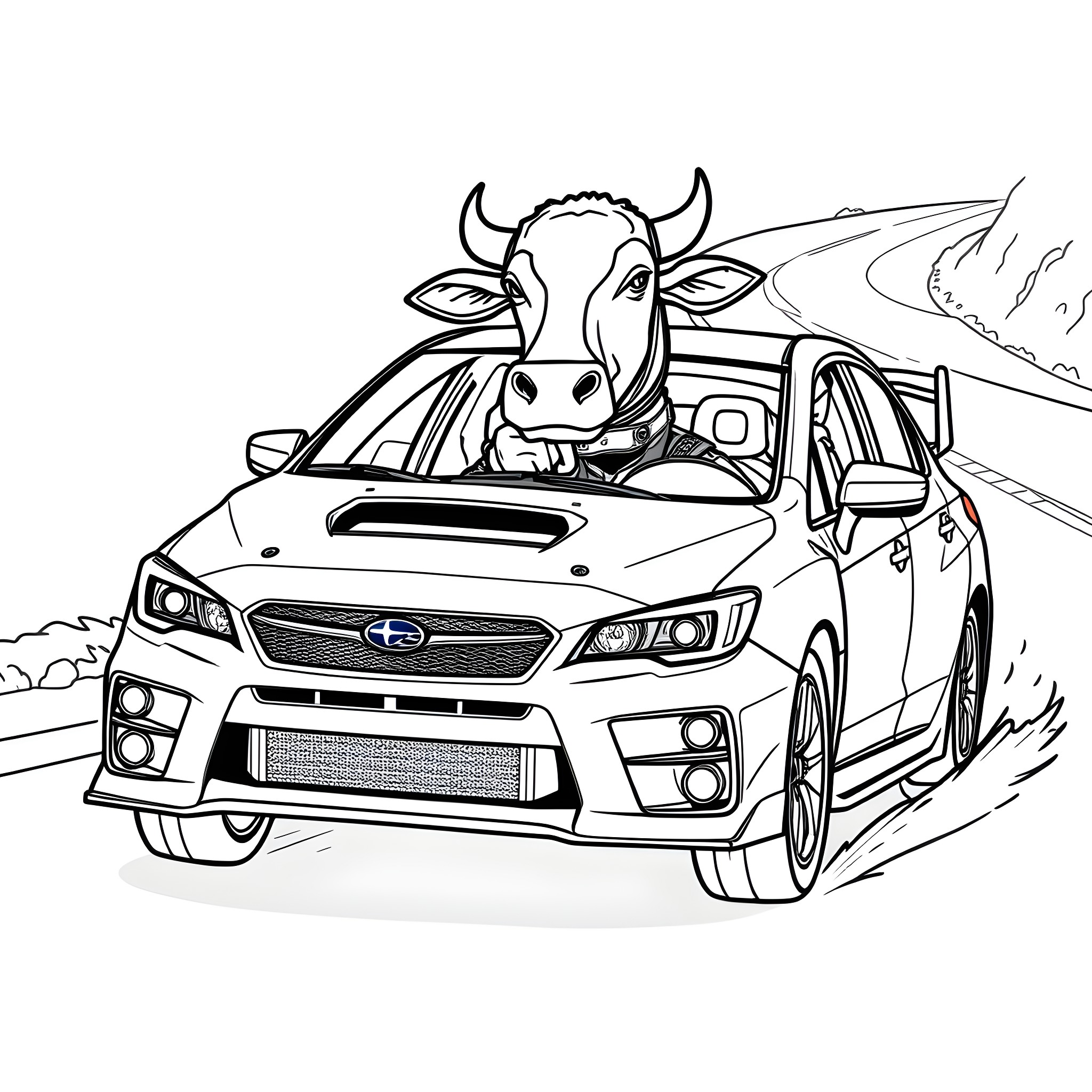 Person driving car with cow head in the road Coloring Page (free black-and-white line drawing printable PDF for all, from beginners to advanced learners, including children, teens, adults, and seniors)
