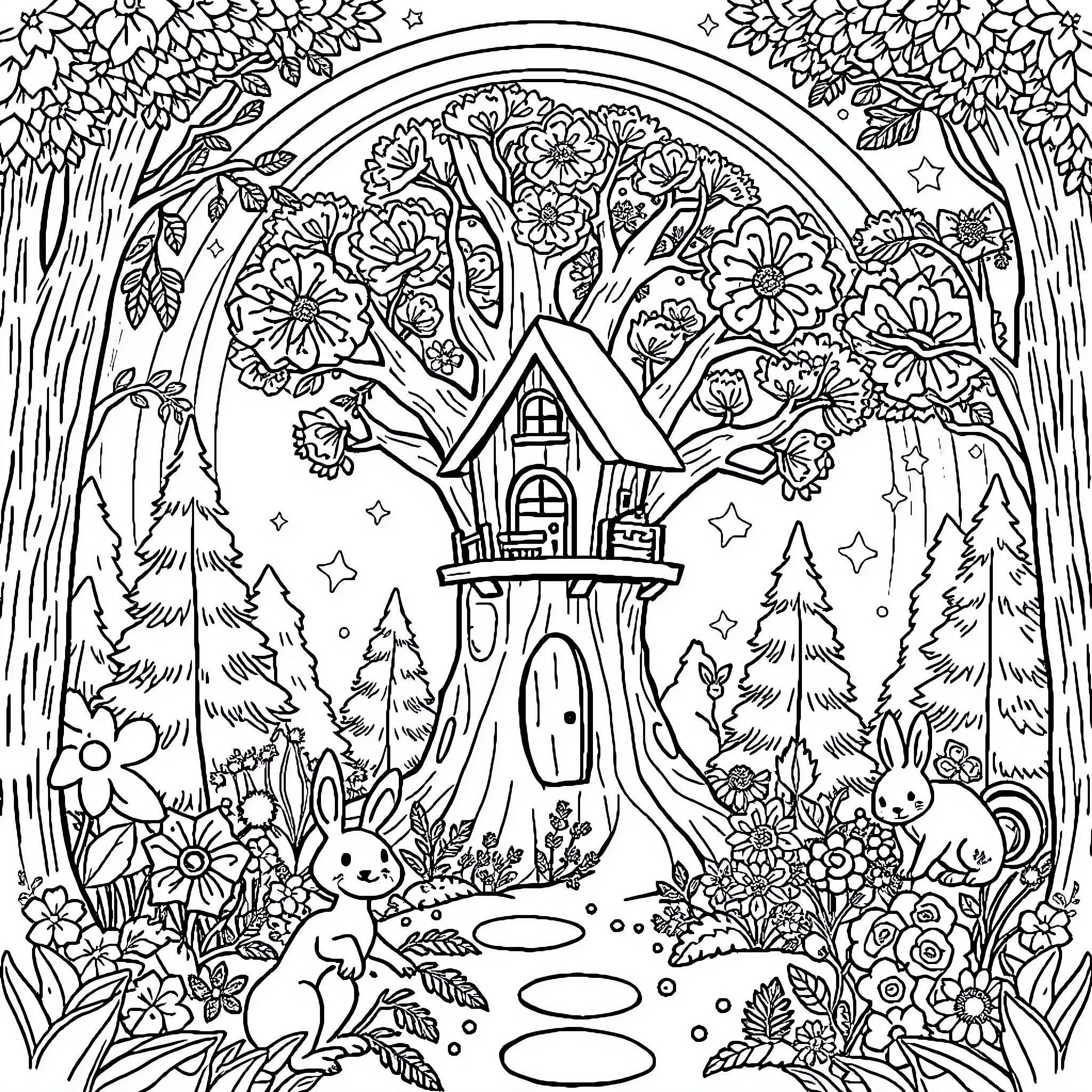 Forest Fantasy Fairy Tale with Cottages and Animals Coloring Page (free black-and-white line drawing printable PDF for all, from beginners to advanced learners, including children, teens, adults, and seniors)