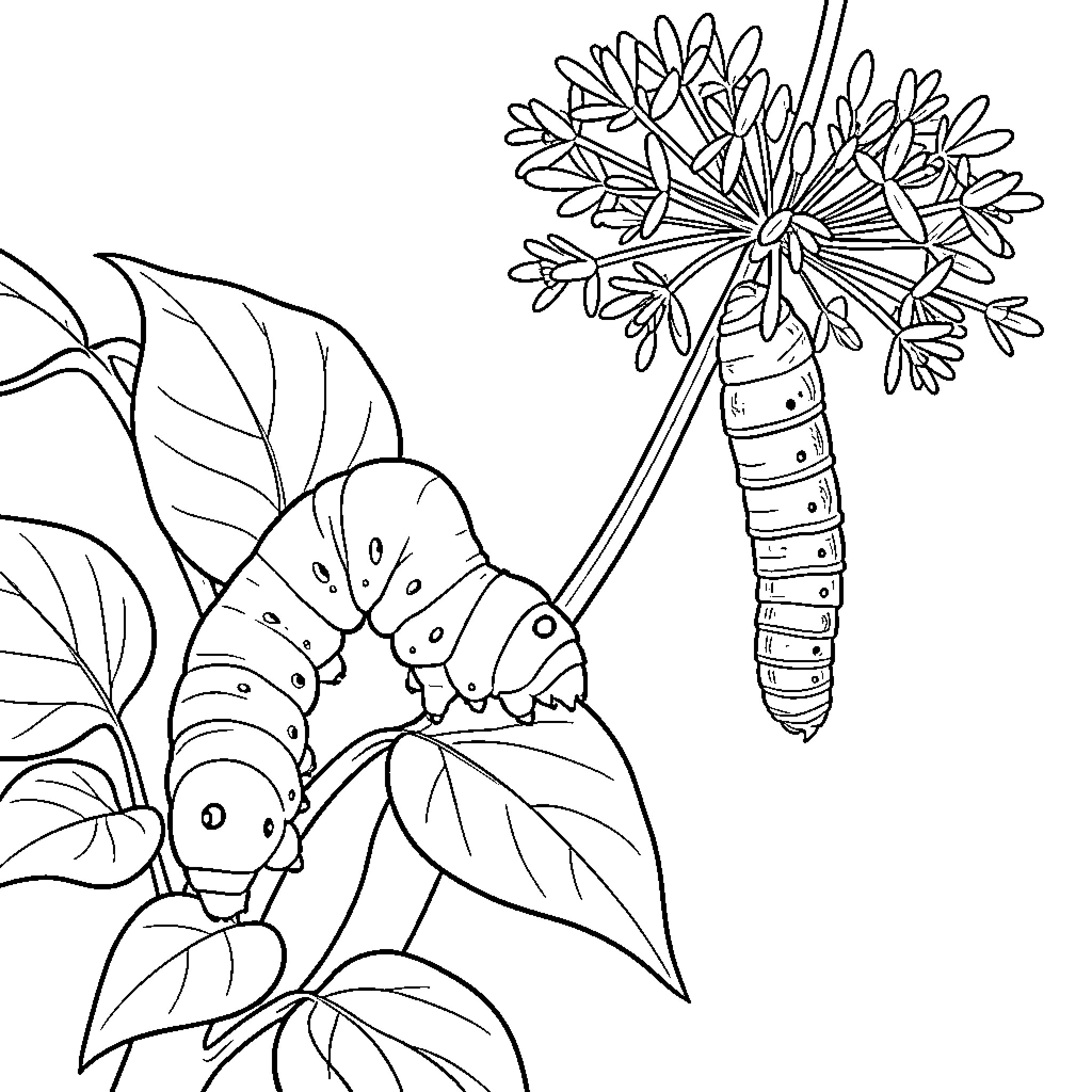 Caterpillar exploring the vibrant foliage Coloring Page (free black-and-white line drawing printable PDF for all, from beginners to advanced learners, including children, teens, adults, and seniors)