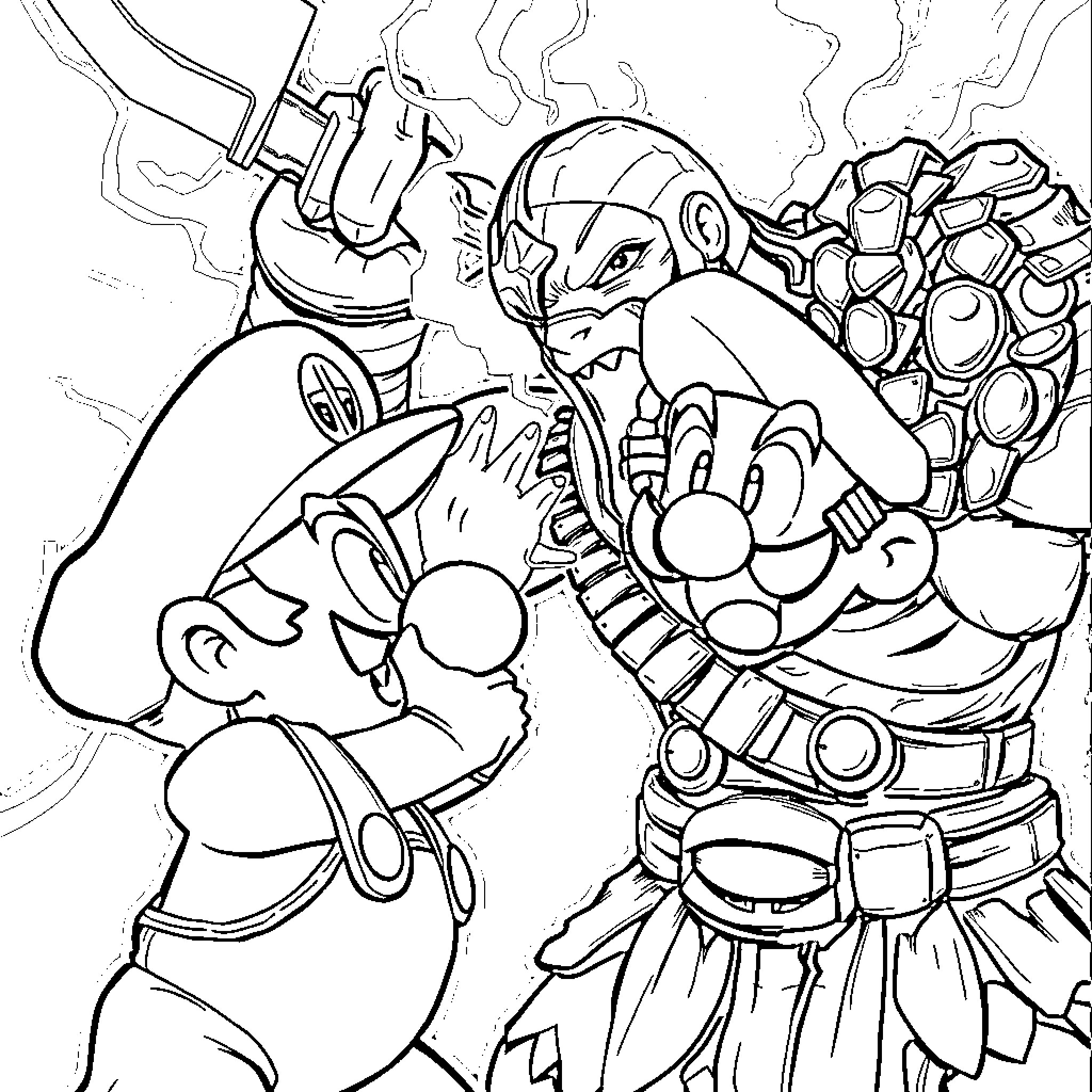 Kratos confronts a giant foe in fierce battle Coloring Page (free black-and-white line drawing printable PDF for all, from beginners to advanced learners, including children, teens, adults, and seniors)