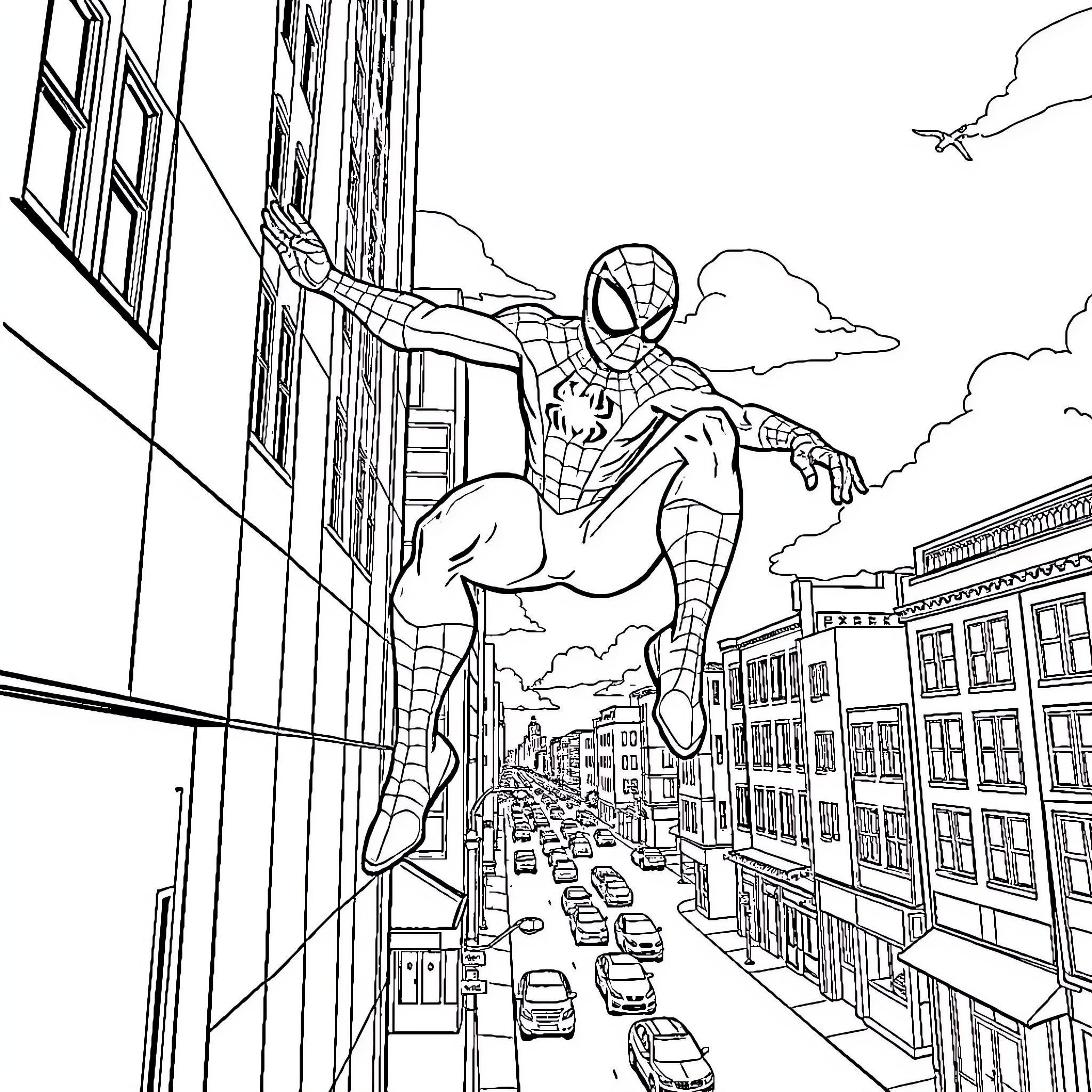 Spider-Man swinging through the city skyline Coloring Page (free black-and-white line drawing printable PDF for all, from beginners to advanced learners, including children, teens, adults, and seniors)