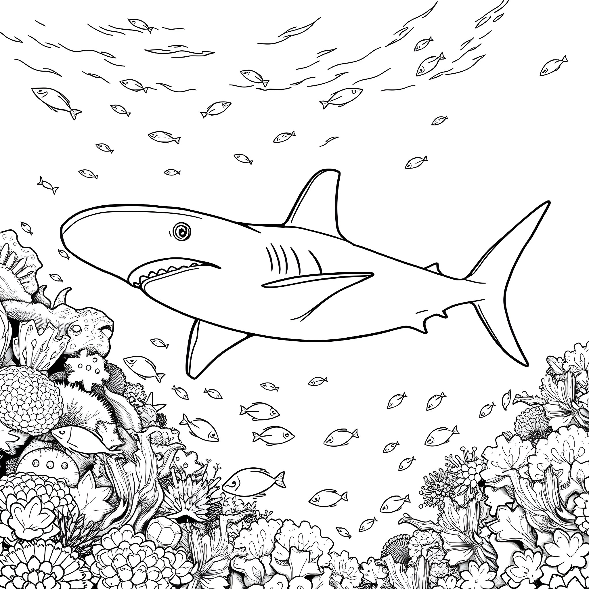 Hammerhead Shark swimming among colorful coral reefs Coloring Page (free black-and-white line drawing printable PDF for all, from beginners to advanced learners, including children, teens, adults, and seniors)