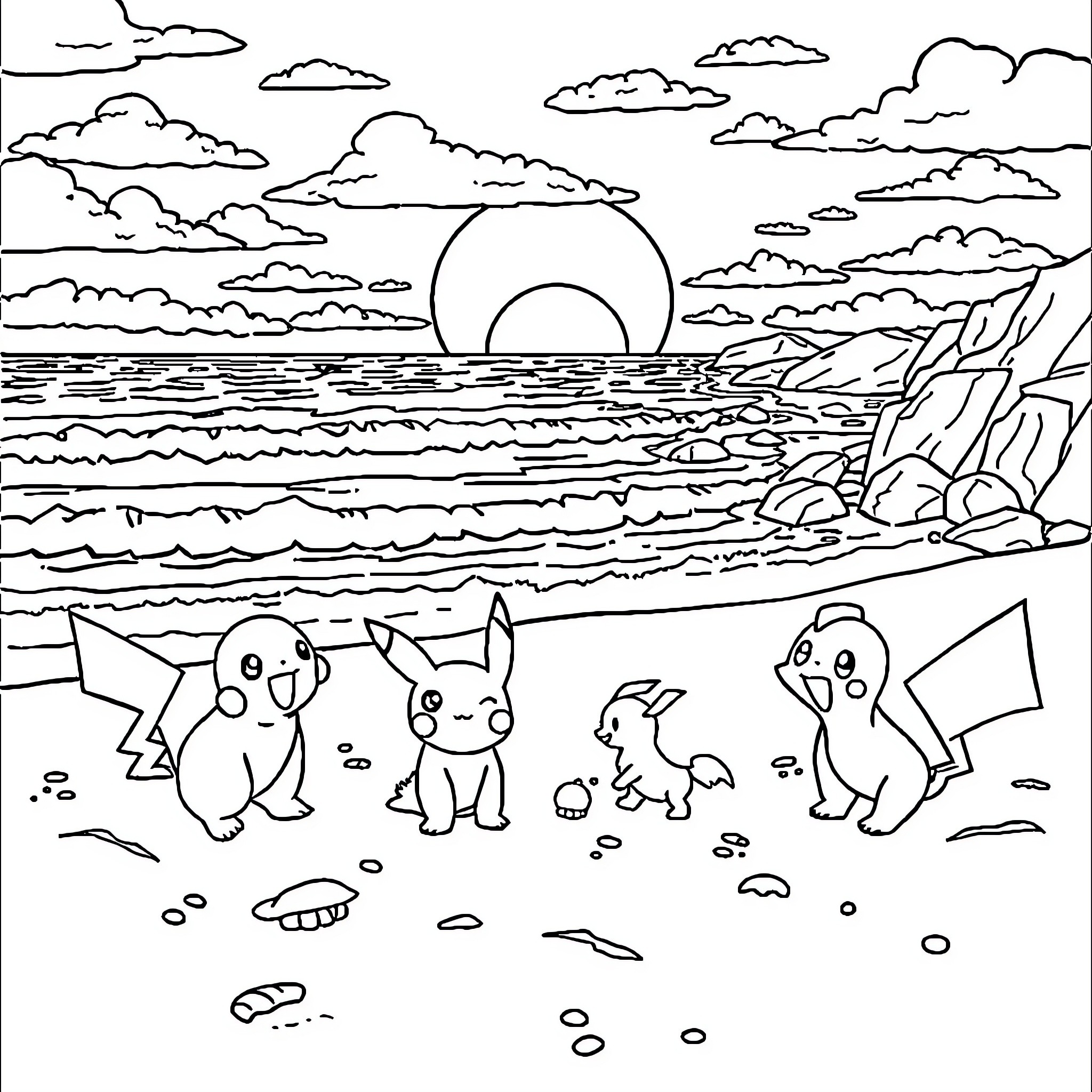 Pokémon enjoying sunset by the ocean Coloring Page (free black-and-white line drawing printable PDF for all, from beginners to advanced learners, including children, teens, adults, and seniors)