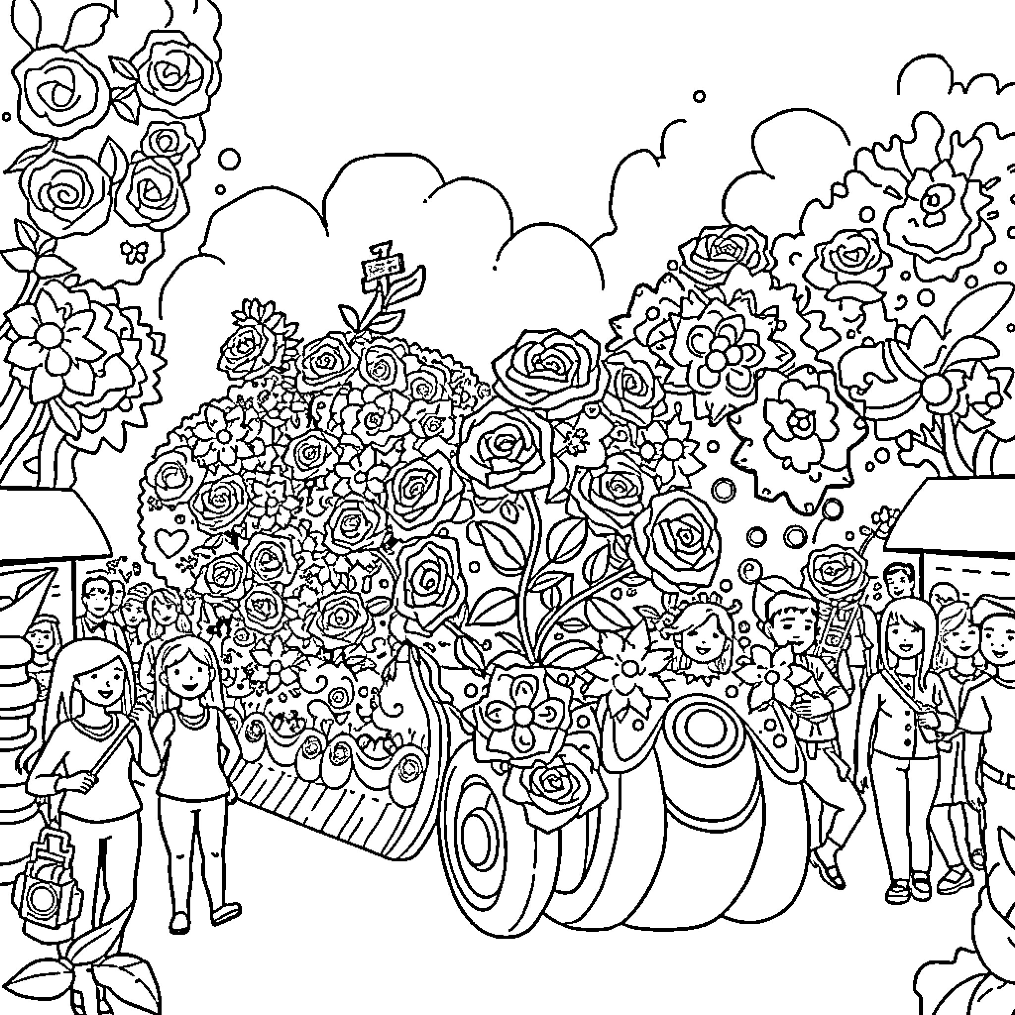 Rose Garden Adventure Coloring Page (free black-and-white line drawing printable PDF for all, from beginners to advanced learners, including children, teens, adults, and seniors)