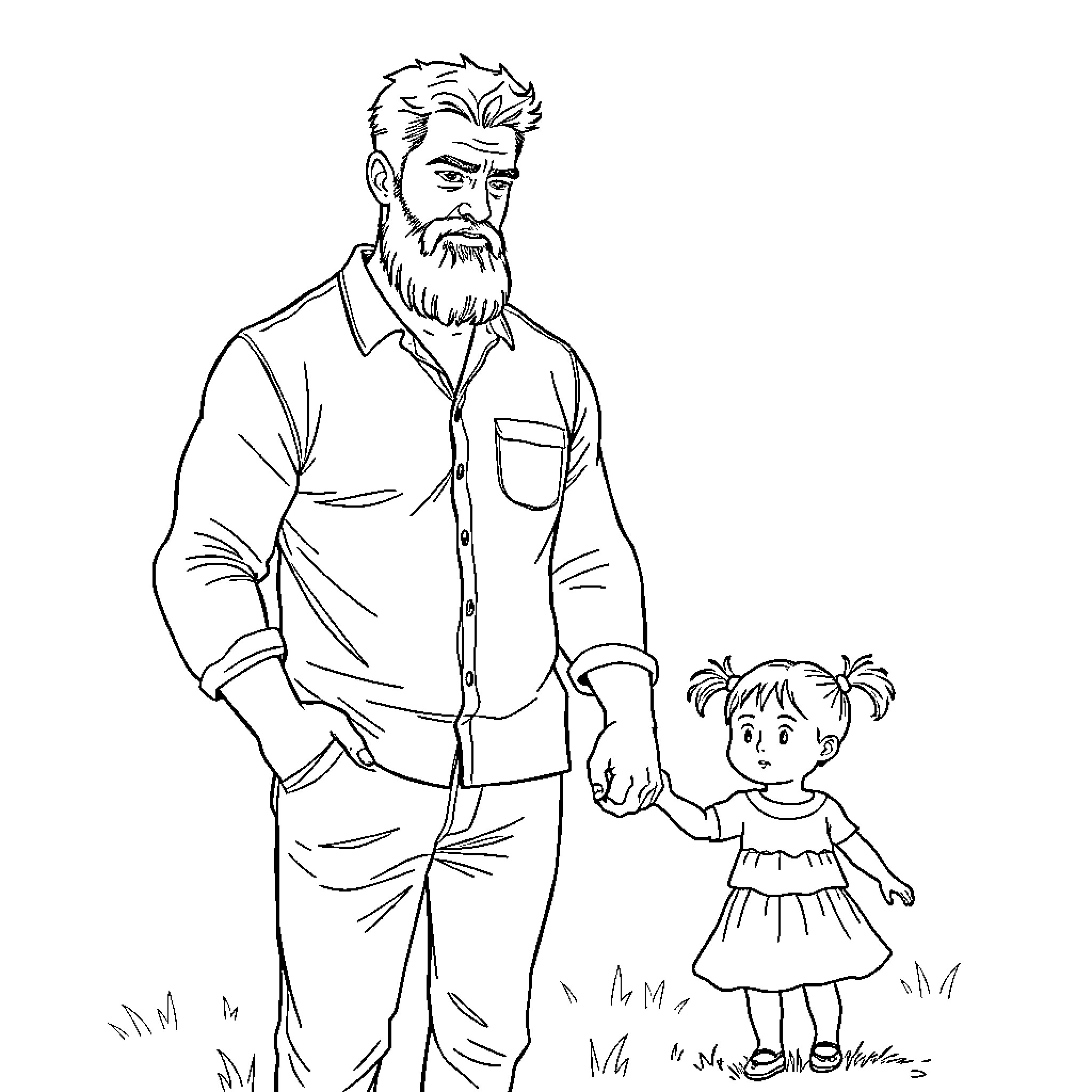 Bearded Man Walking with Young Girl Coloring Page (free black-and-white line drawing printable PDF for all, from beginners to advanced learners, including children, teens, adults, and seniors)
