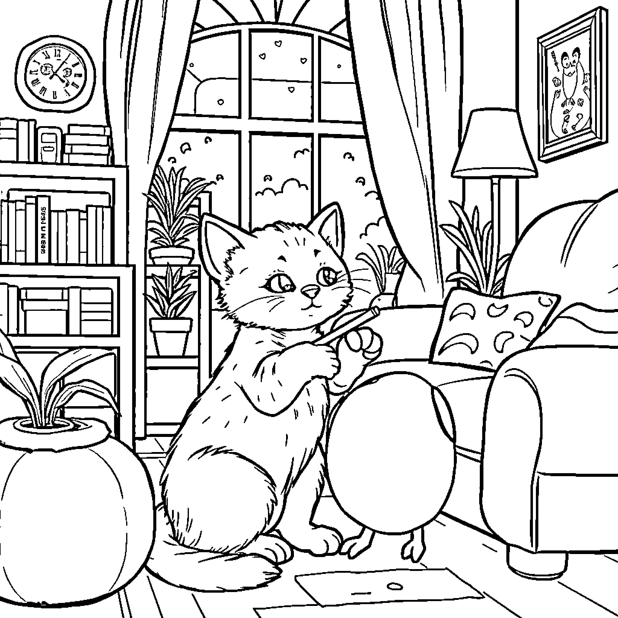 Cat exploring a cozy indoor scene Coloring Page (free black-and-white line drawing printable PDF for all, from beginners to advanced learners, including children, teens, adults, and seniors)
