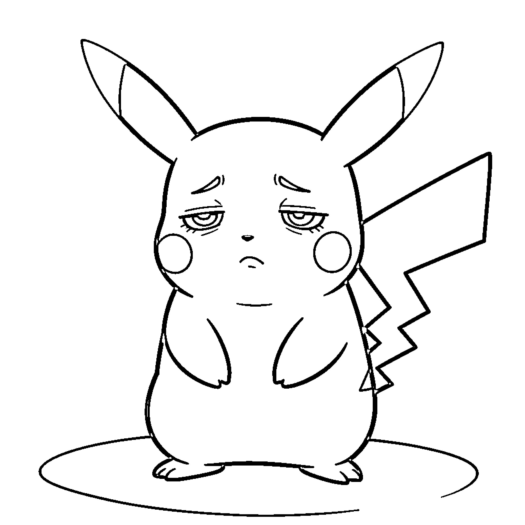 Pikachu looking sad and weary with drooping eyes Coloring Page (free black-and-white line drawing printable PDF for all, from beginners to advanced learners, including children, teens, adults, and seniors)