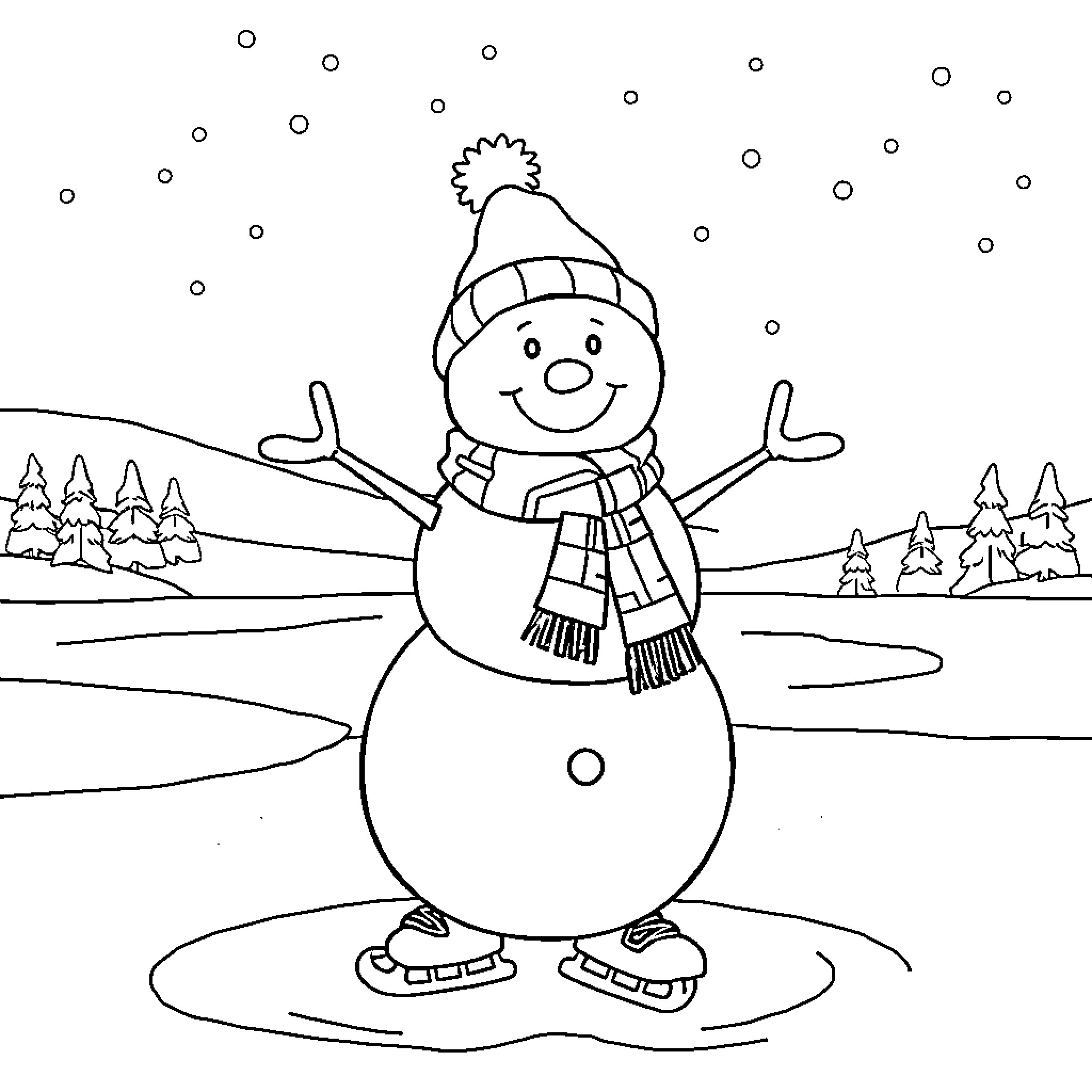 Snowman enjoying the winter wonderland Coloring Page (free black-and-white line drawing printable PDF for all, from beginners to advanced learners, including children, teens, adults, and seniors)