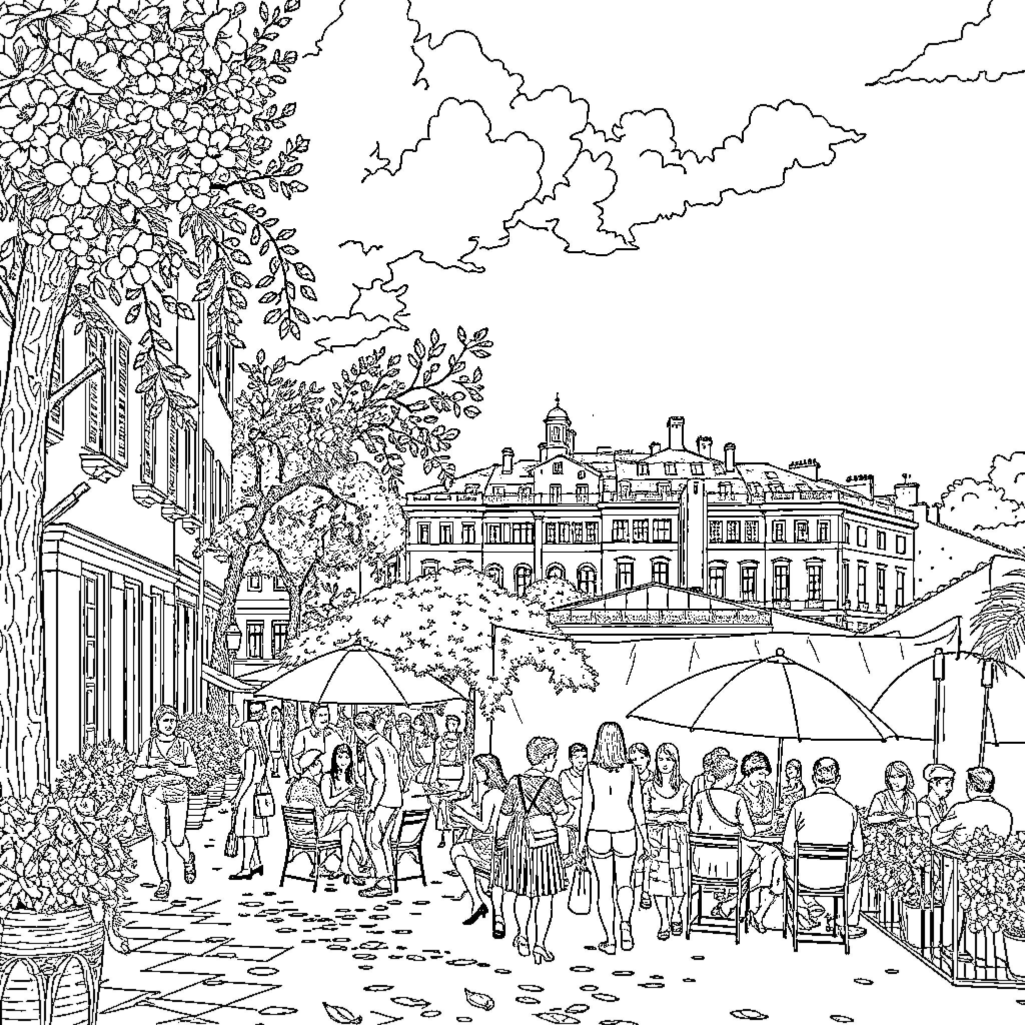 Renoir's Lively Scene of a Bustling Outdoor Gathering Coloring Page (free black-and-white line drawing printable PDF for all, from beginners to advanced learners, including children, teens, adults, and seniors)
