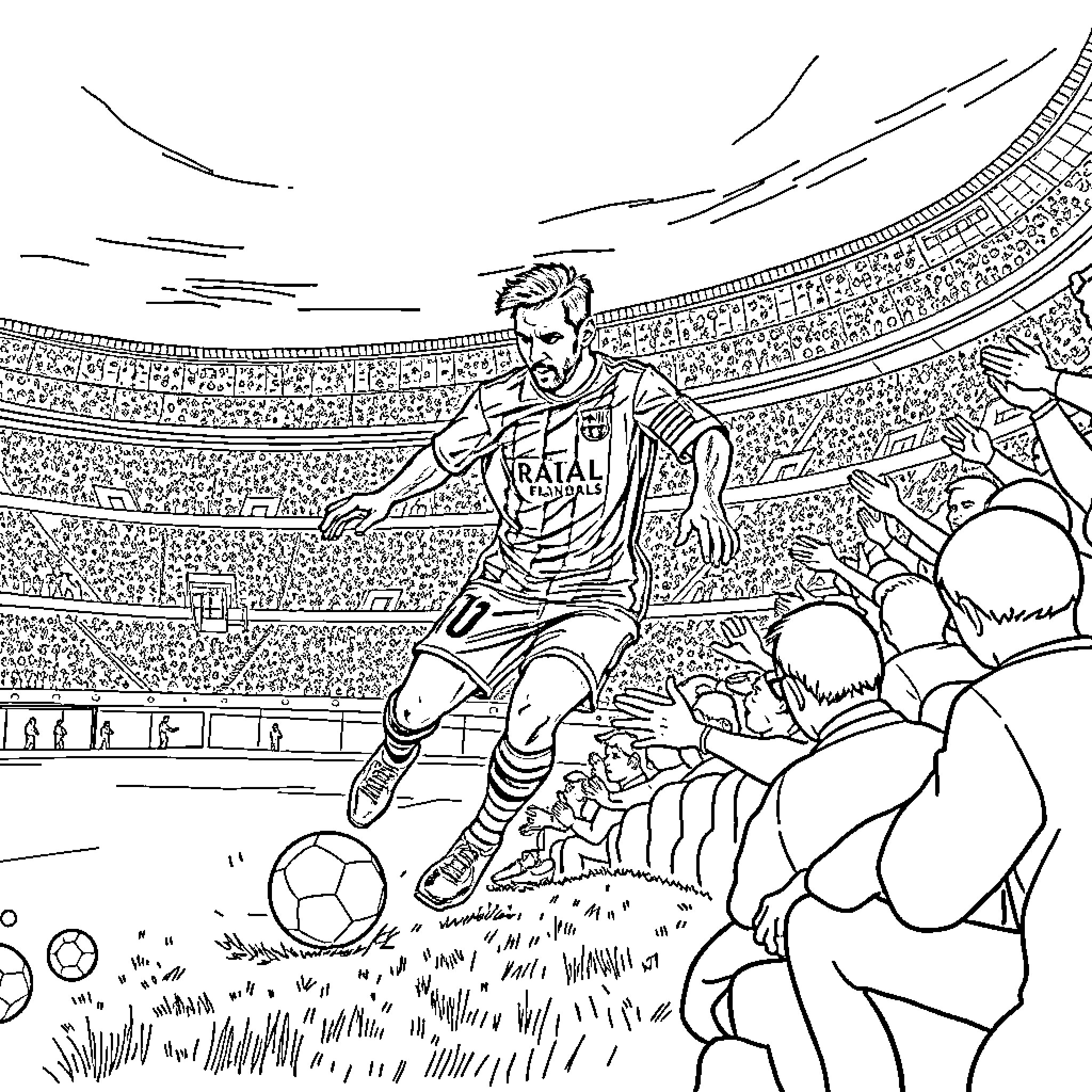Messi scoring a goal in a soccer stadium Coloring Page (free black-and-white line drawing printable PDF for all, from beginners to advanced learners, including children, teens, adults, and seniors)