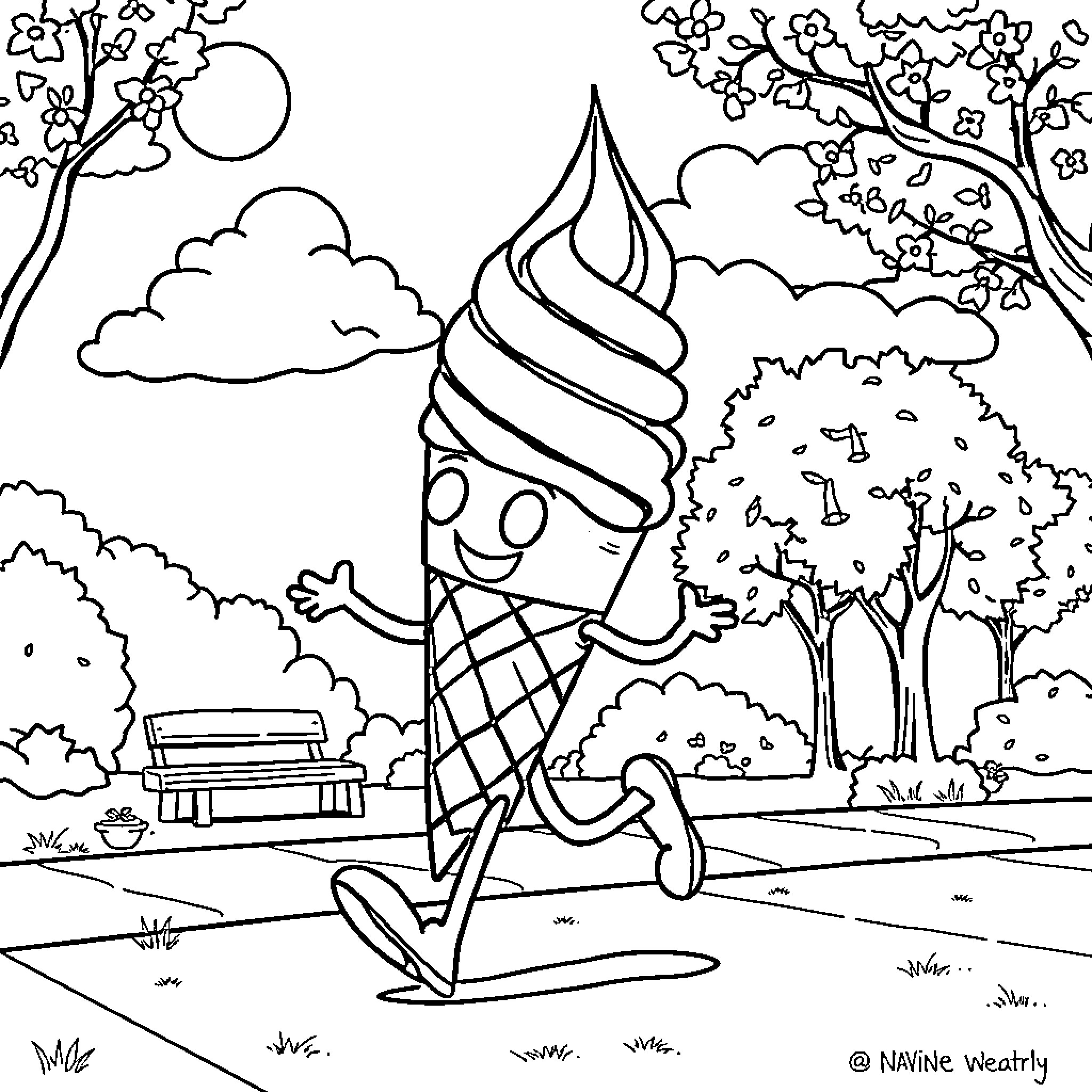 Ice Cream Cone Joyfully Running in Park Coloring Page (free black-and-white line drawing printable PDF for all, from beginners to advanced learners, including children, teens, adults, and seniors)