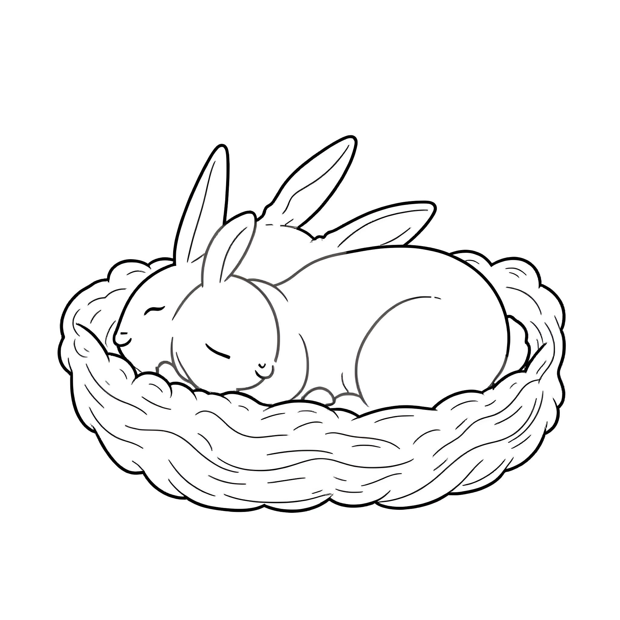 Bunny sleeping peacefully in a cozy nest Coloring Page (free black-and-white line drawing printable PDF for all, from beginners to advanced learners, including children, teens, adults, and seniors)