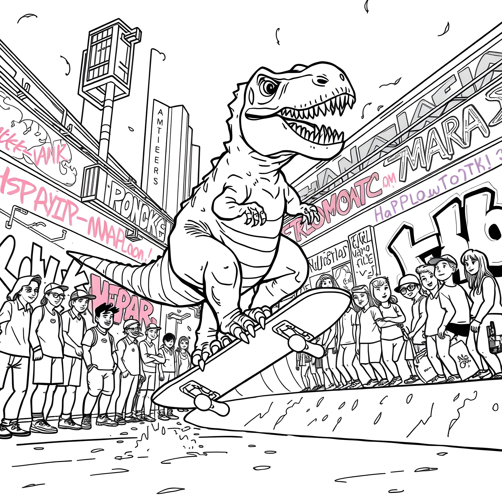 Dinosaur stomping through the crowded city streets Coloring Page (free black-and-white line drawing printable PDF for all, from beginners to advanced learners, including children, teens, adults, and seniors)