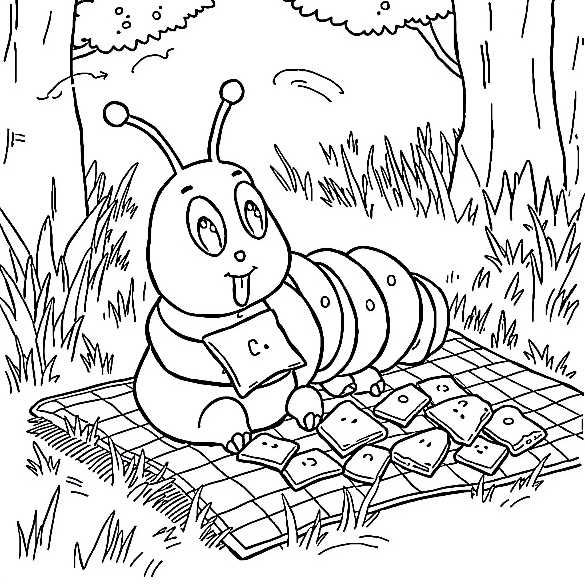 Caterpillar enjoying a picnic in the park Coloring Page (free black-and-white line drawing printable PDF for all, from beginners to advanced learners, including children, teens, adults, and seniors)