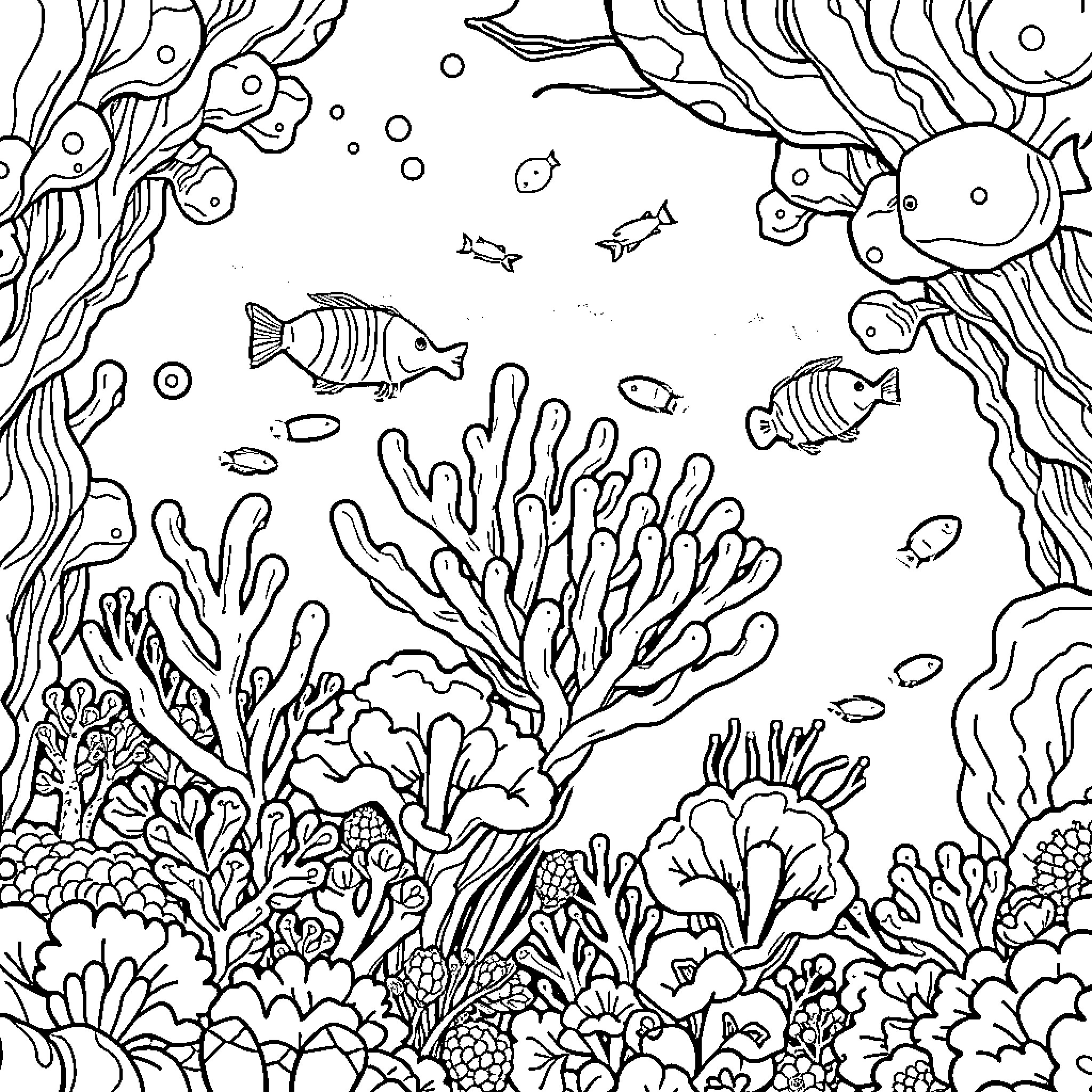 Coral Reef Underwater Exploration Coloring Page (free black-and-white line drawing printable PDF for all, from beginners to advanced learners, including children, teens, adults, and seniors)