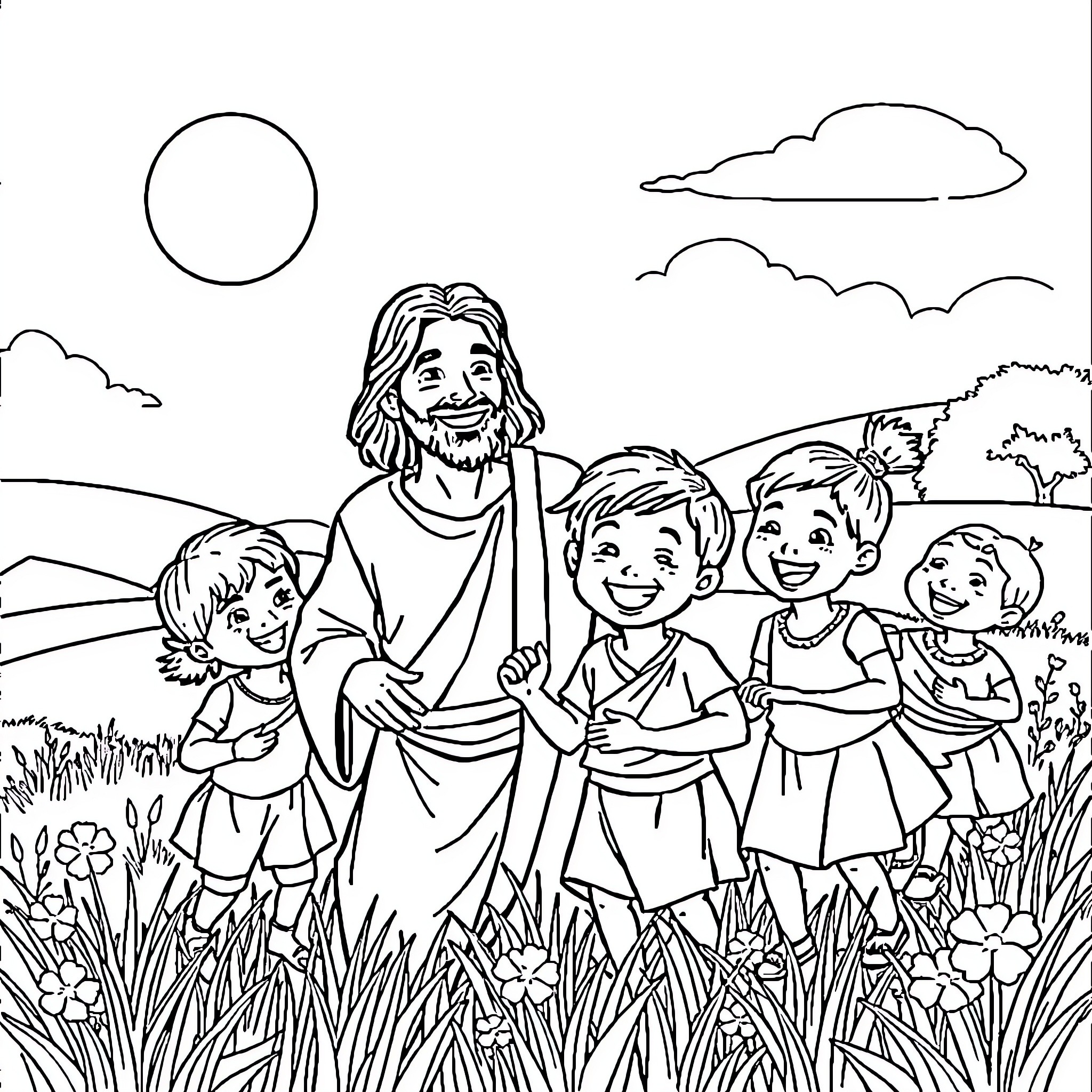 Jesus teaching and interacting with children in a pastoral scene Coloring Page (free black-and-white line drawing printable PDF for all, from beginners to advanced learners, including children, teens, adults, and seniors)