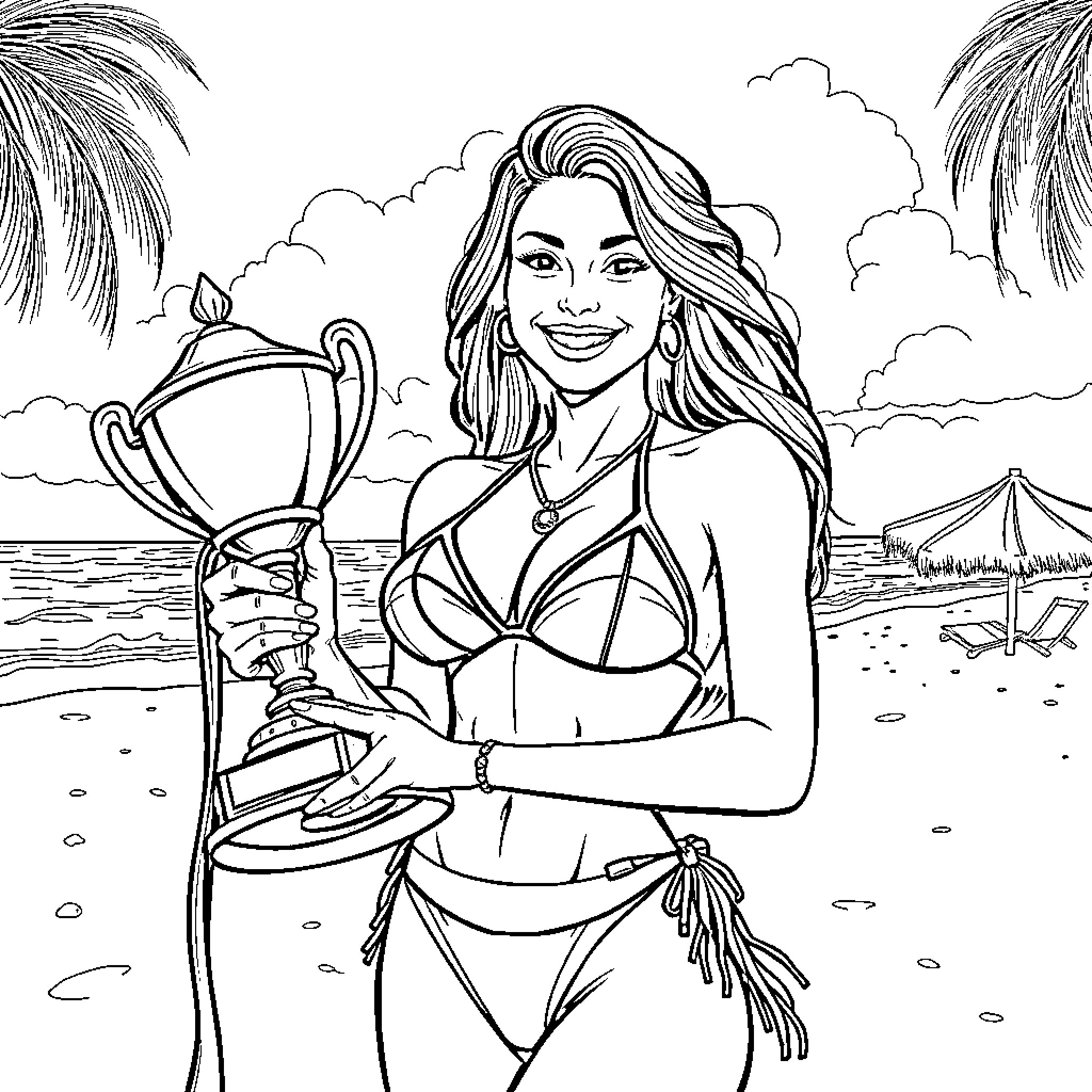 America Chavez holds a trophy on the beach Coloring Page (free black-and-white line drawing printable PDF for all, from beginners to advanced learners, including children, teens, adults, and seniors)