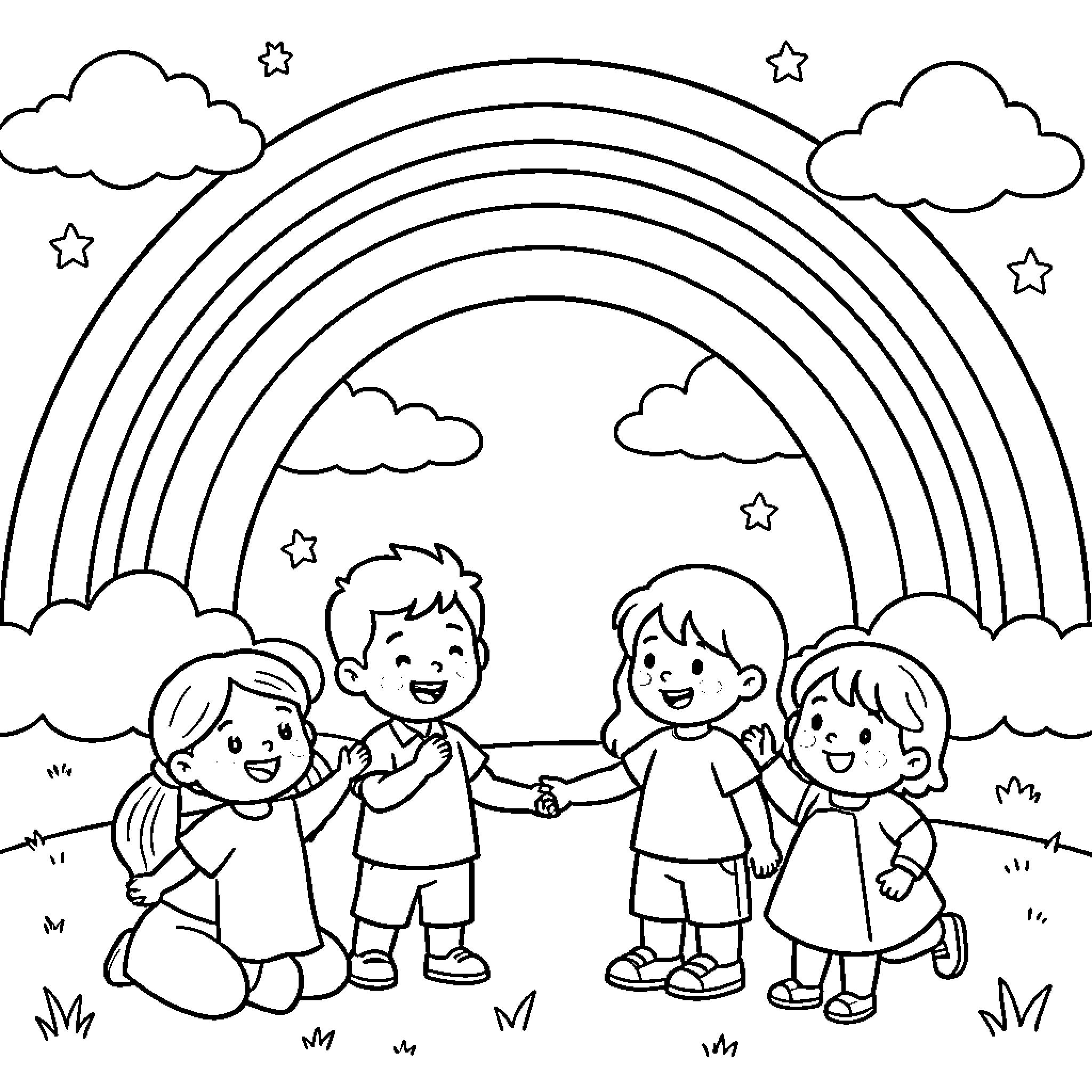 Rainbow of Joyous Children Frolicking in Nature Coloring Page (free black-and-white line drawing printable PDF for all, from beginners to advanced learners, including children, teens, adults, and seniors)