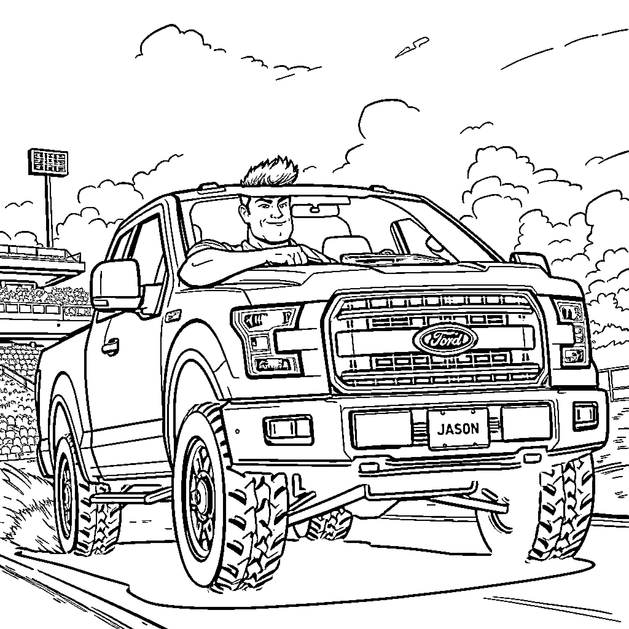 Jason's Rugged Truck Adventure on the Road Coloring Page (free black-and-white line drawing printable PDF for all, from beginners to advanced learners, including children, teens, adults, and seniors)