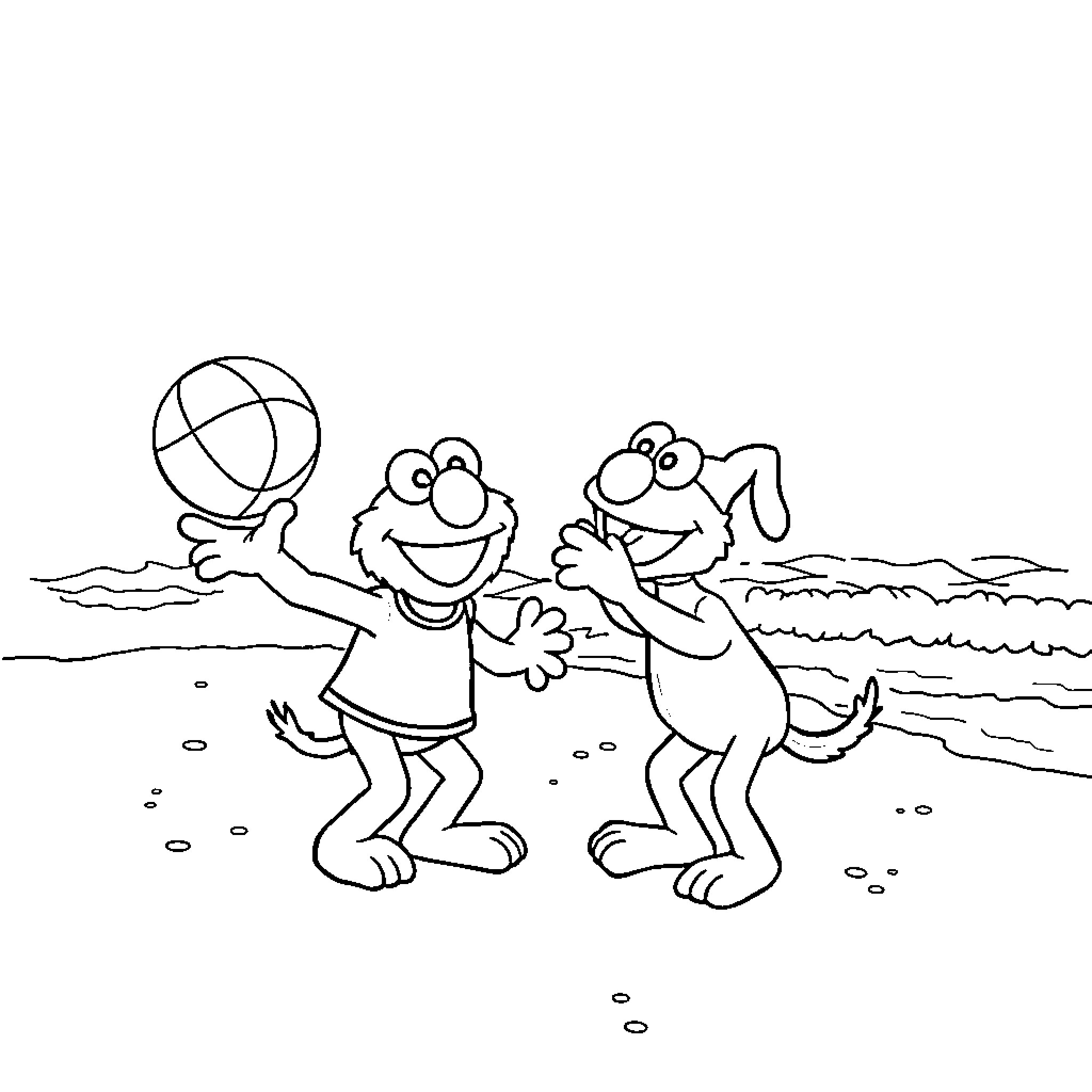 Elmo playing at the beach with his dog Coloring Page (free black-and-white line drawing printable PDF for all, from beginners to advanced learners, including children, teens, adults, and seniors)