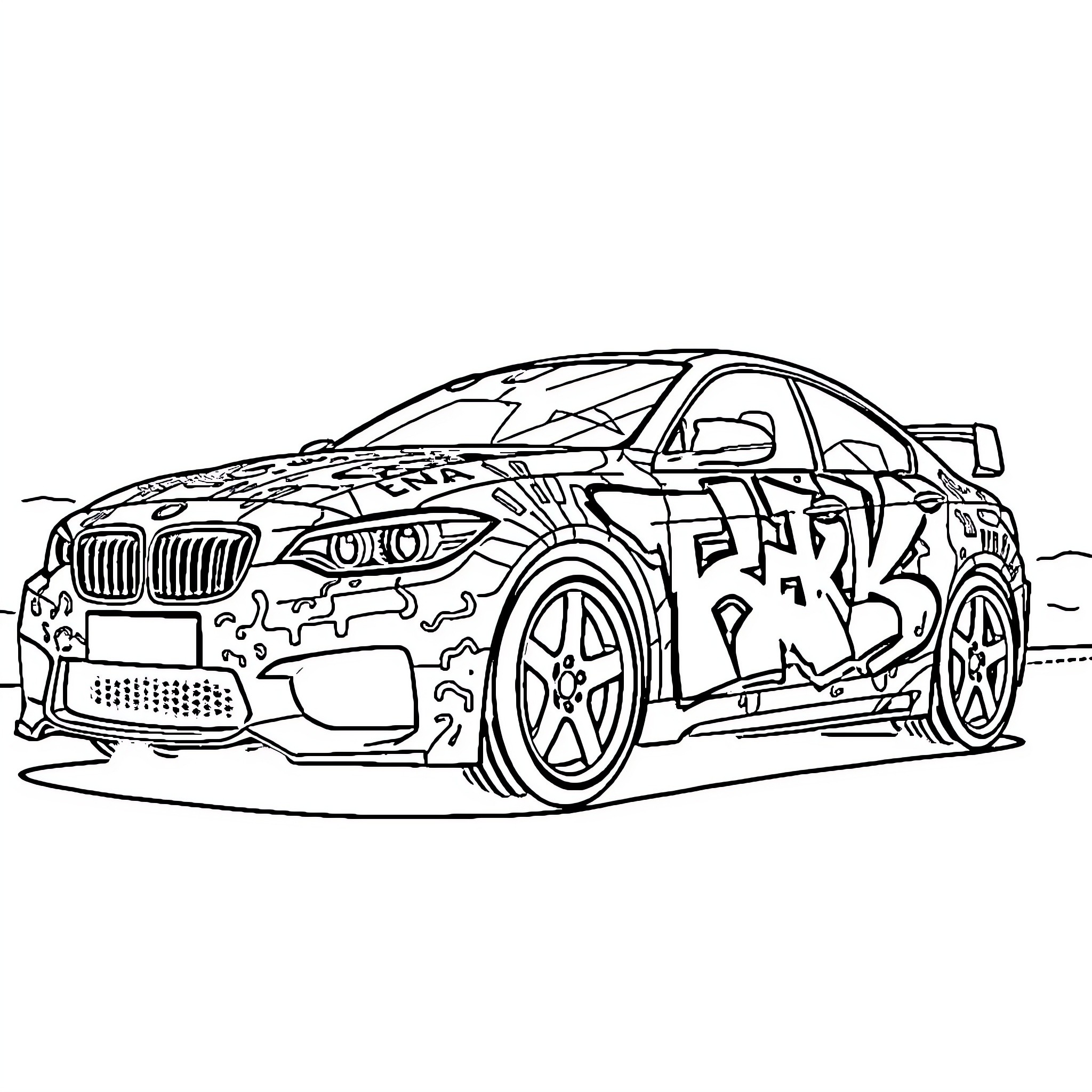 Car with Graffiti Artwork on the Exterior Coloring Page (free black-and-white line drawing printable PDF for all, from beginners to advanced learners, including children, teens, adults, and seniors)