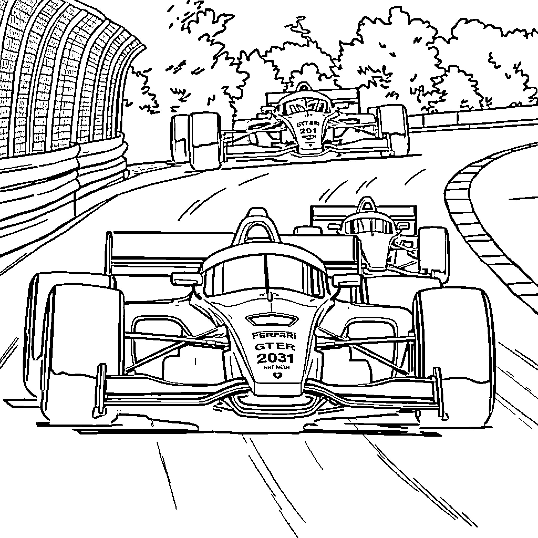 Formula 1 Cars Racing on the Circuit Coloring Page (free black-and-white line drawing printable PDF for all, from beginners to advanced learners, including children, teens, adults, and seniors)