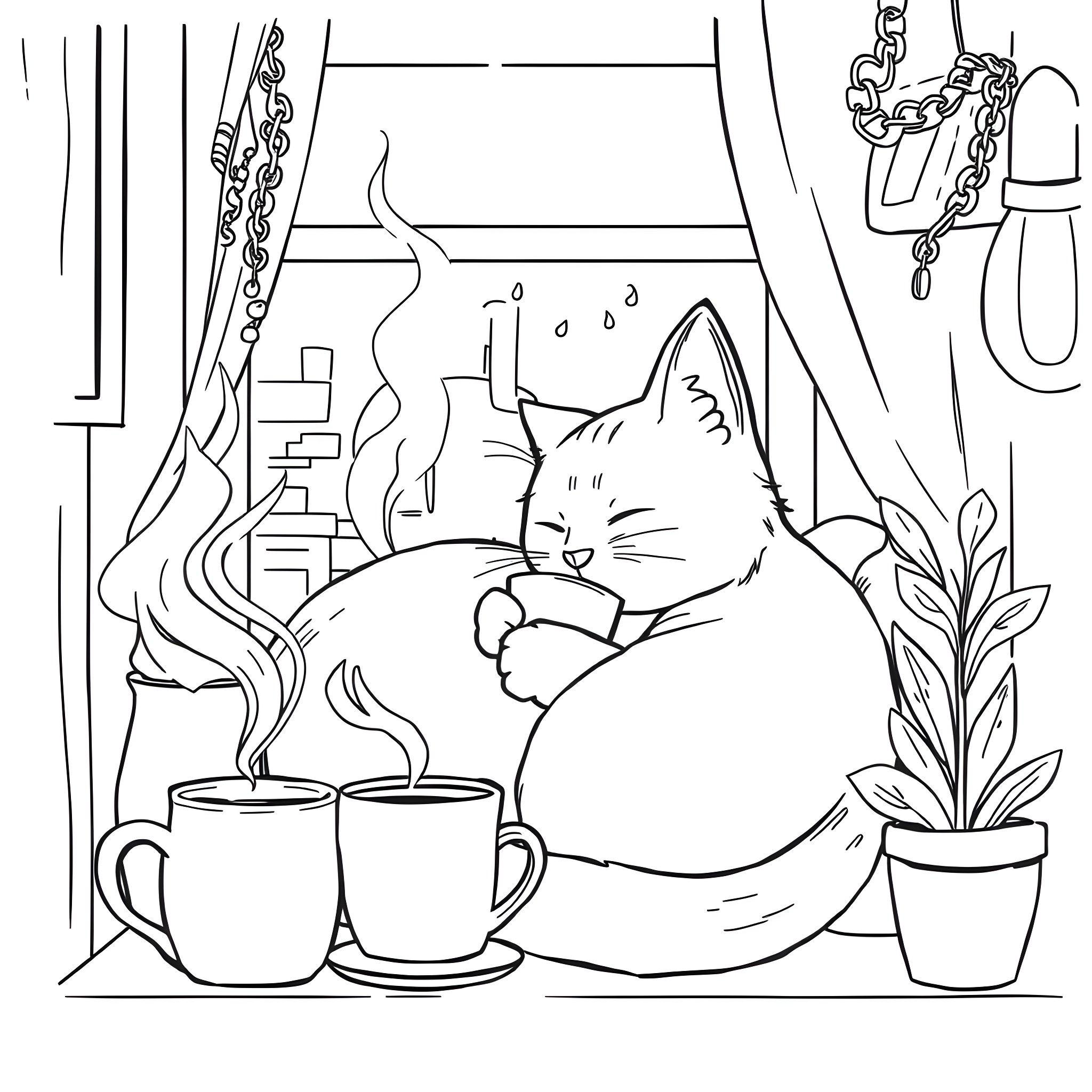 Anime Cat Enjoying a Cozy Afternoon Coloring Page (free black-and-white line drawing printable PDF for all, from beginners to advanced learners, including children, teens, adults, and seniors)