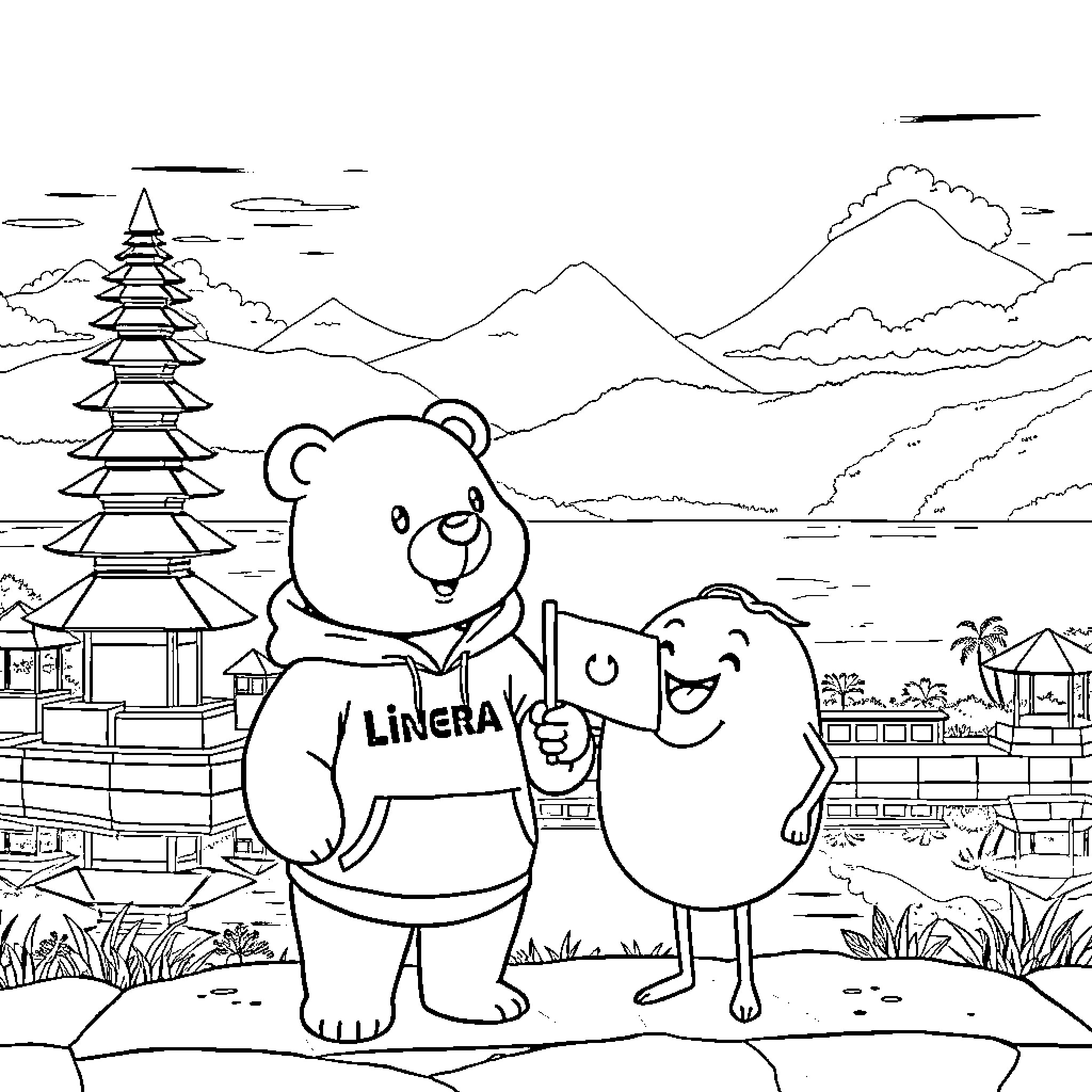 Bear Enjoying Scenic Nature with Friend Coloring Page (free black-and-white line drawing printable PDF for all, from beginners to advanced learners, including children, teens, adults, and seniors)
