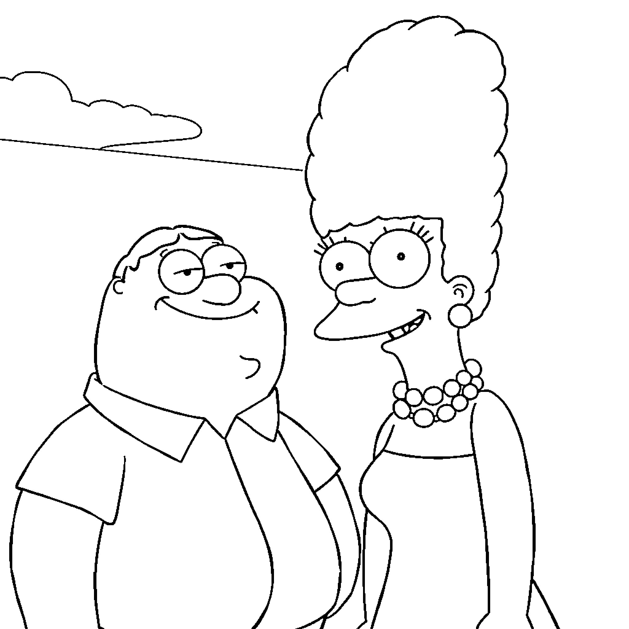Peter Griffin and Marge Simpson in casual attire Coloring Page (free black-and-white line drawing printable PDF for all, from beginners to advanced learners, including children, teens, adults, and seniors)