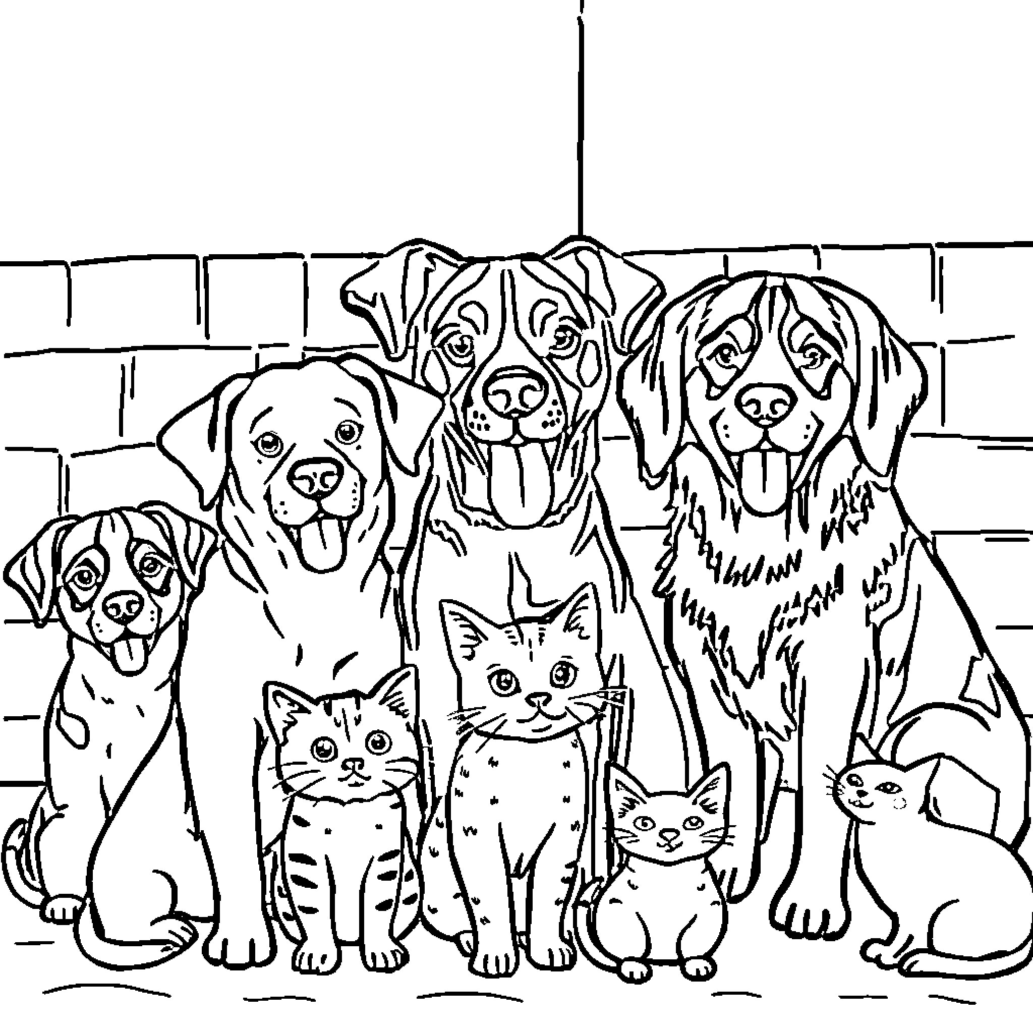 Animal group portrait of dogs and cats Coloring Page (free black-and-white line drawing printable PDF for all, from beginners to advanced learners, including children, teens, adults, and seniors)