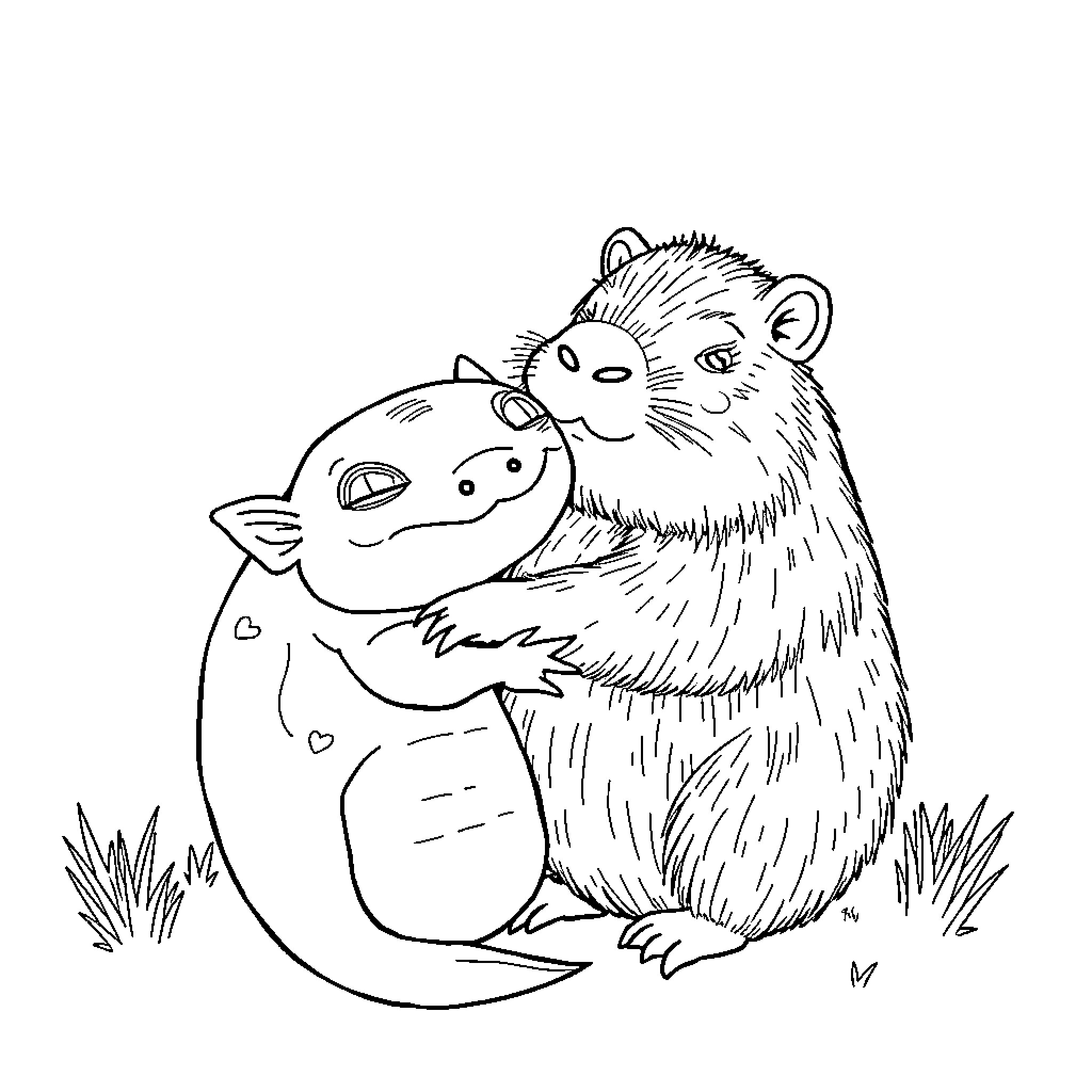 Axolotl friends cuddling playfully in the grass Coloring Page (free black-and-white line drawing printable PDF for all, from beginners to advanced learners, including children, teens, adults, and seniors)