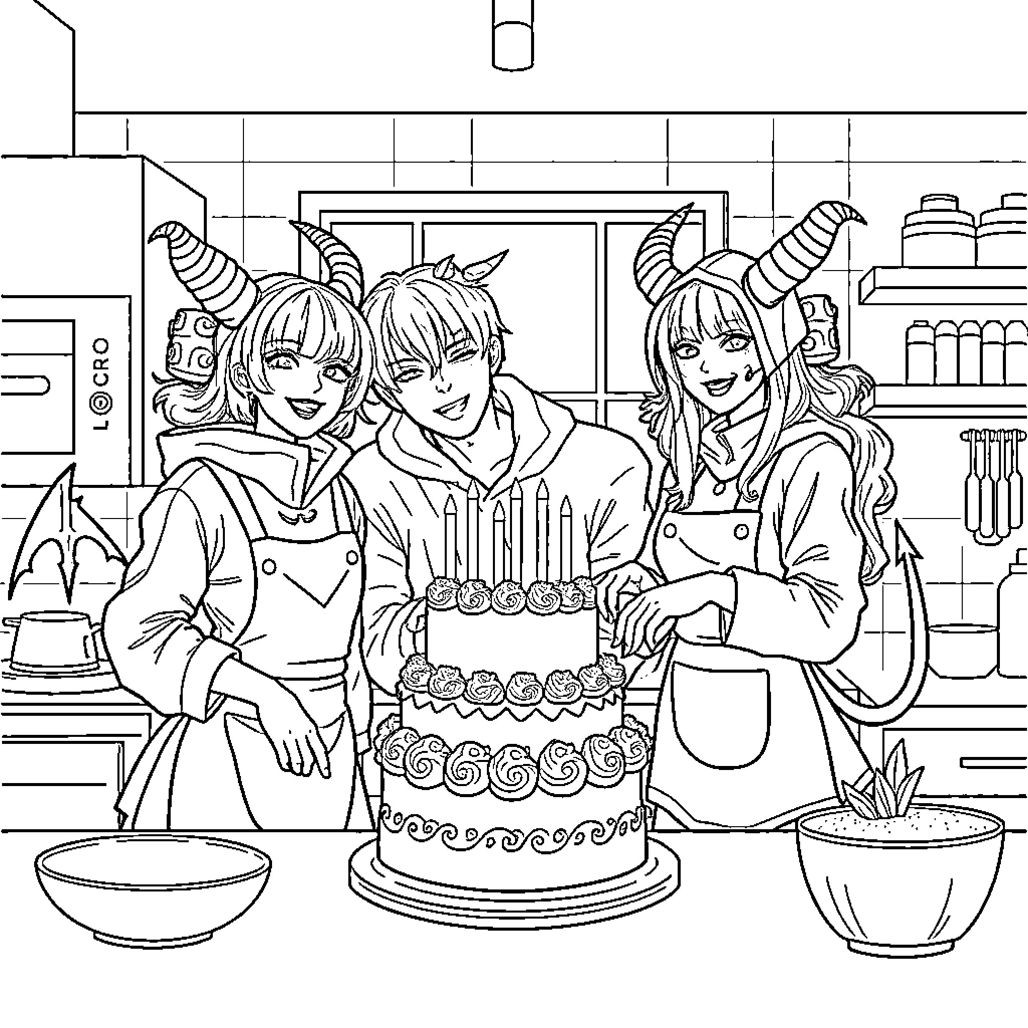 Demon Hunter Trio Celebrating With Elaborate Cake Coloring Page (free black-and-white line drawing printable PDF for all, from beginners to advanced learners, including children, teens, adults, and seniors)