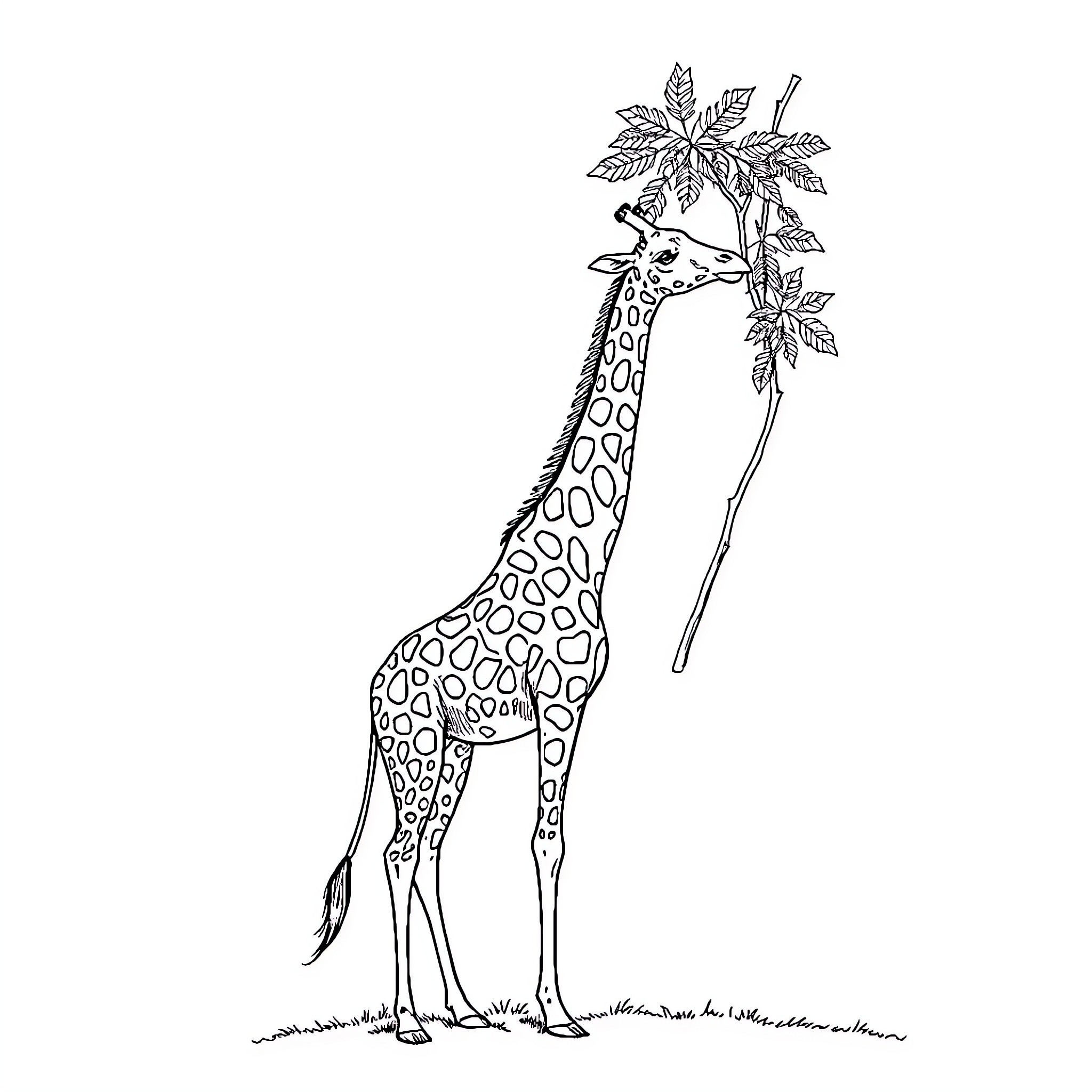 Giraffe with lush foliage reaching upward Coloring Page (free black-and-white line drawing printable PDF for all, from beginners to advanced learners, including children, teens, adults, and seniors)