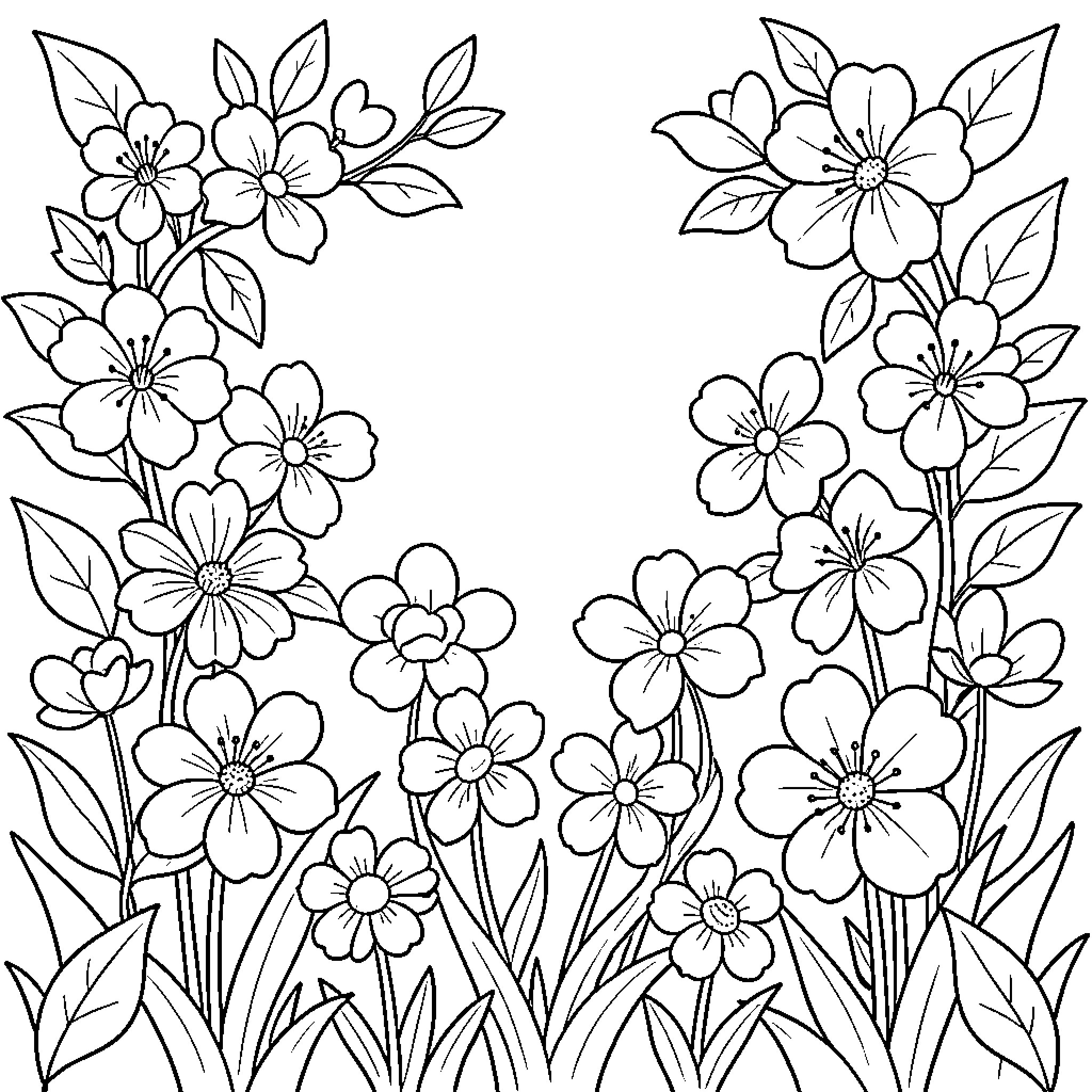 Spring flowers blooming beautifully on the field Coloring Page (free black-and-white line drawing printable PDF for all, from beginners to advanced learners, including children, teens, adults, and seniors)
