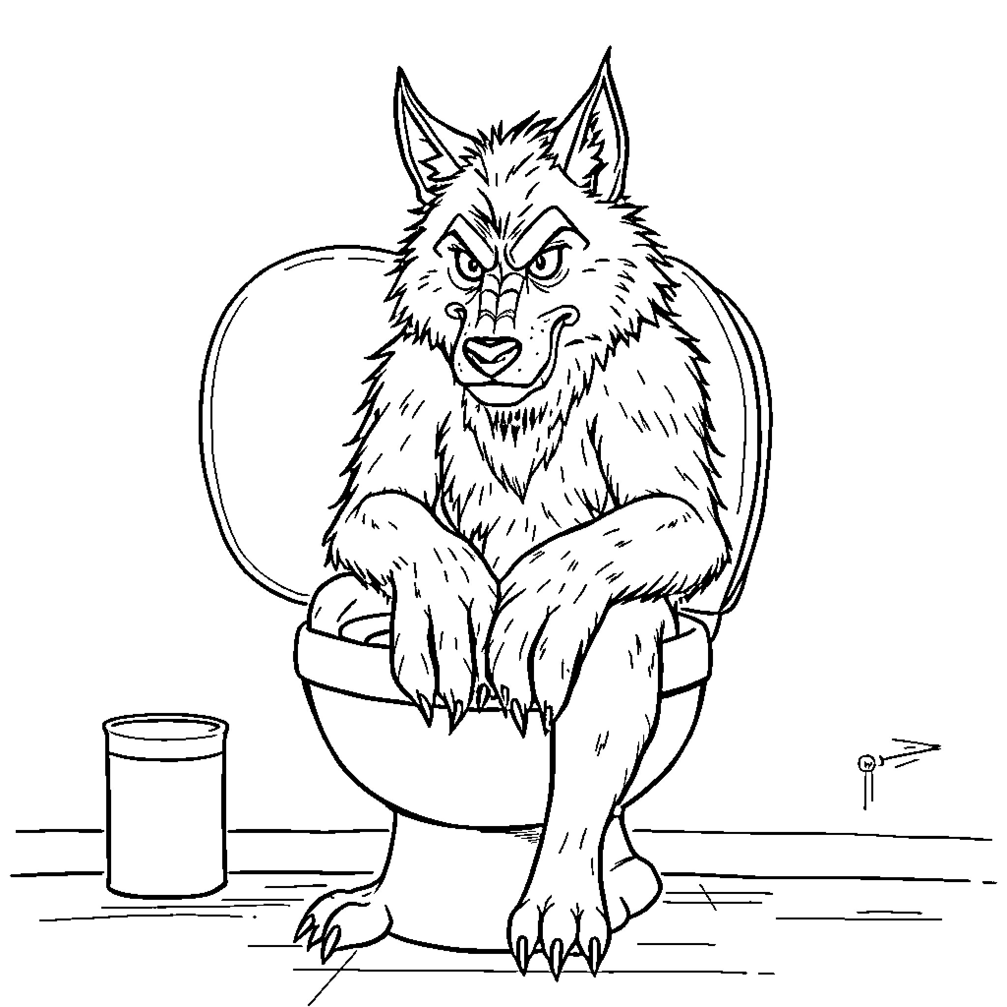 Werewolf sitting on toilet with fierce expression Coloring Page (free black-and-white line drawing printable PDF for all, from beginners to advanced learners, including children, teens, adults, and seniors)