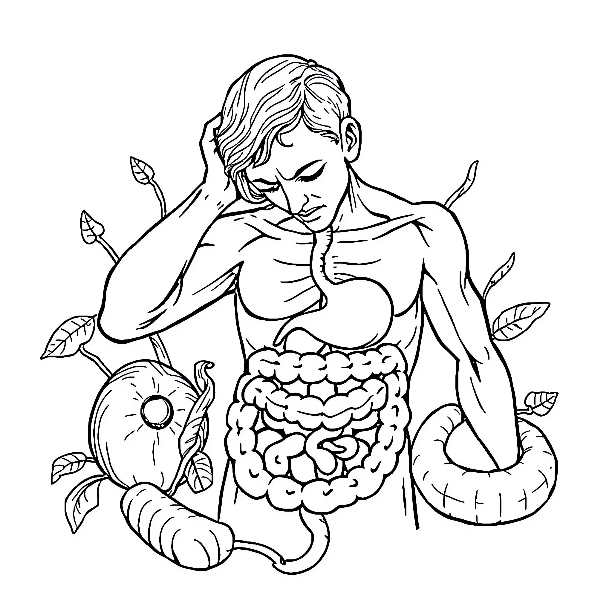 Stress of Bodily Discomfort and Illness Coloring Page (free black-and-white line drawing printable PDF for all, from beginners to advanced learners, including children, teens, adults, and seniors)
