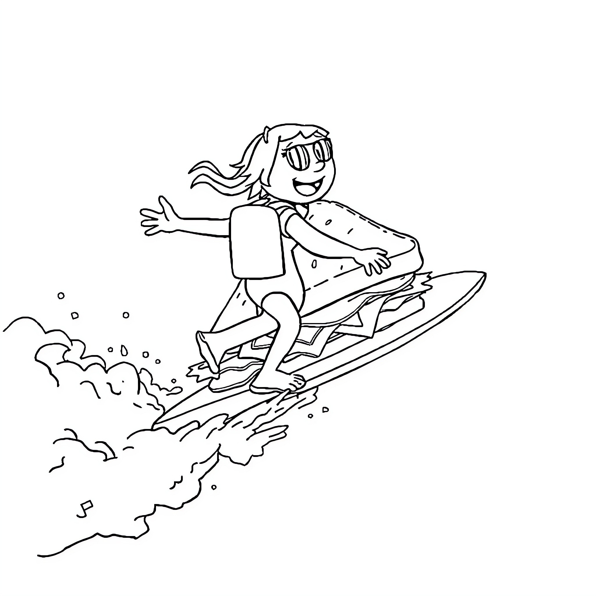 Sandwich of a person riding a jet ski Coloring Page (free black-and-white line drawing printable PDF for all, from beginners to advanced learners, including children, teens, adults, and seniors)
