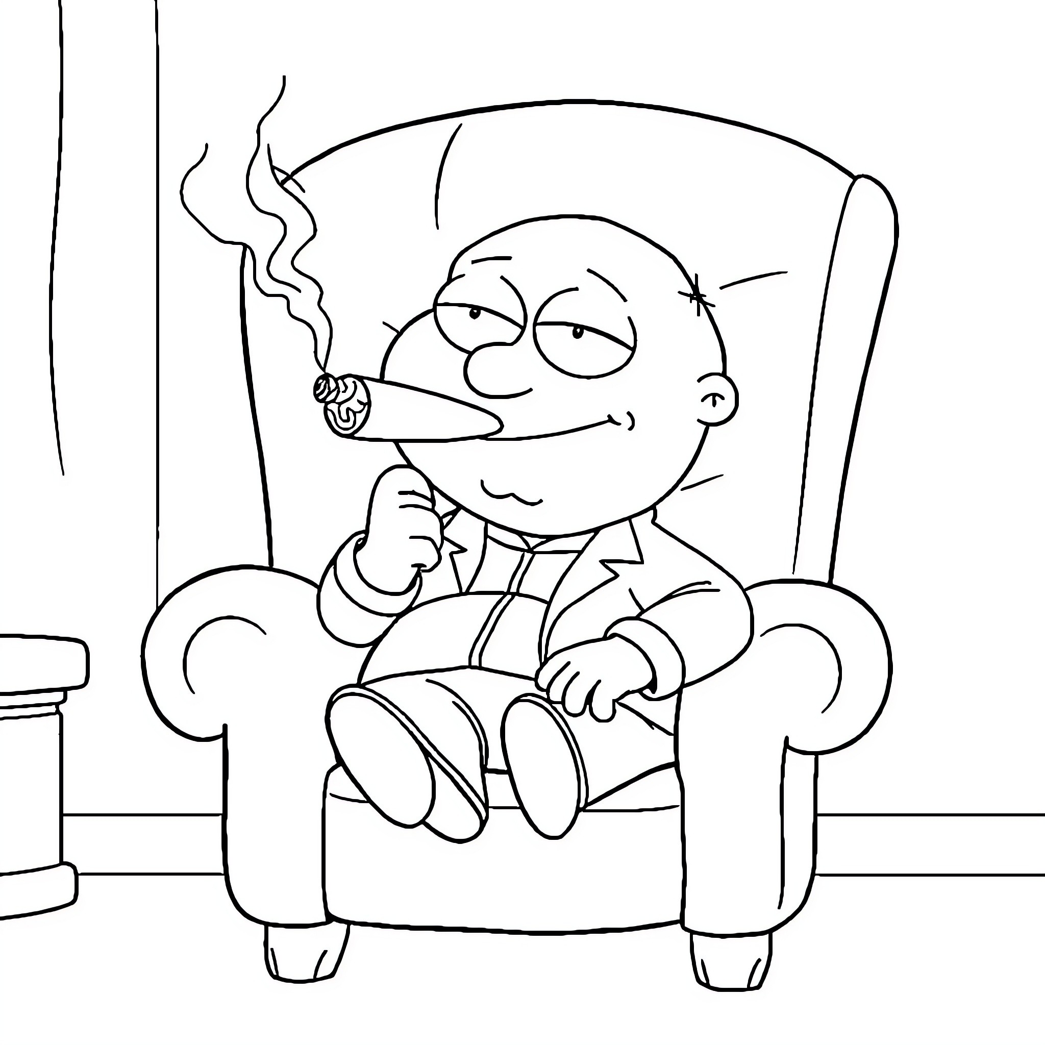 Stewie Griffin lounging and smoking in an armchair Coloring Page (free black-and-white line drawing printable PDF for all, from beginners to advanced learners, including children, teens, adults, and seniors)