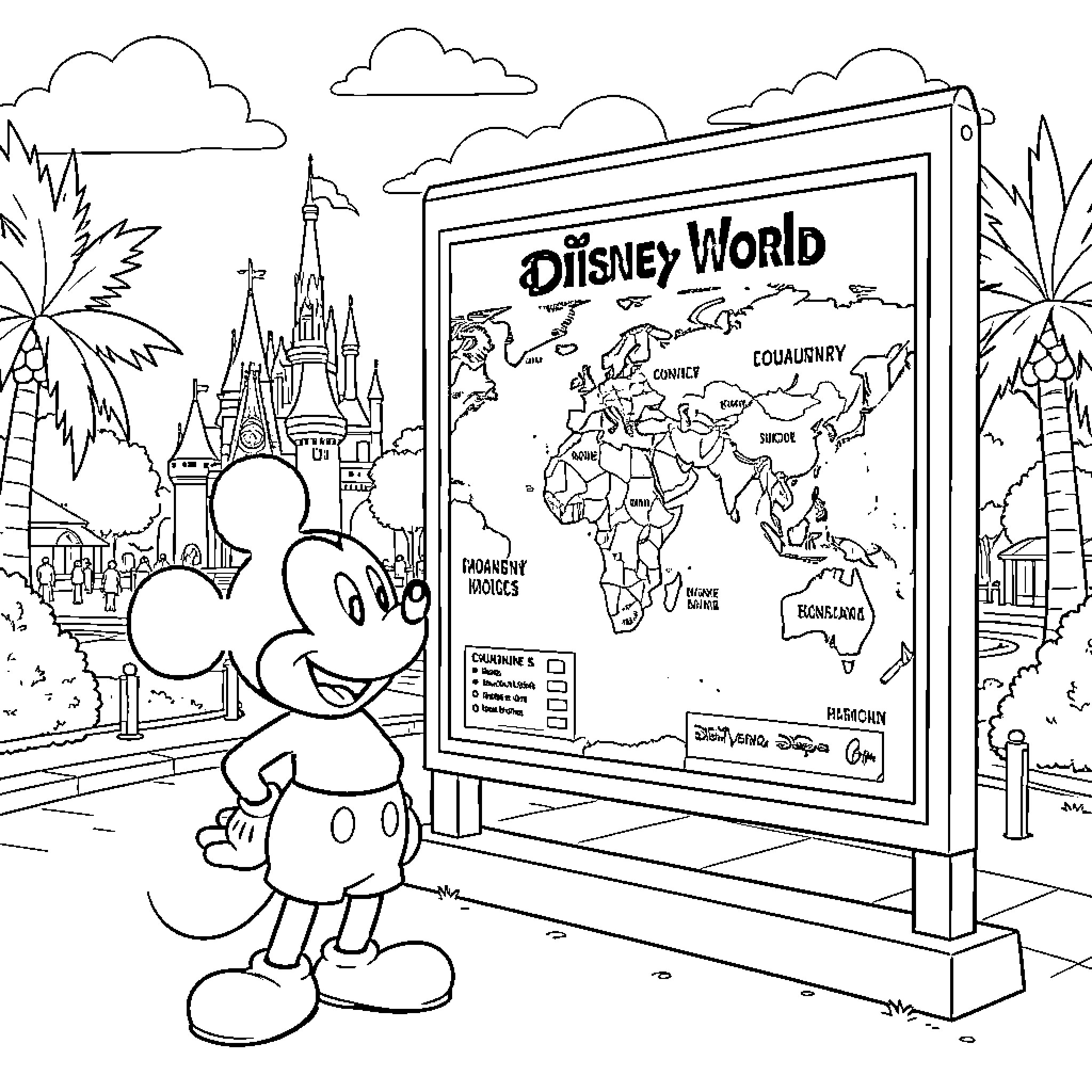Mickey Mouse smiling next to a Disney World map Coloring Page (free black-and-white line drawing printable PDF for all, from beginners to advanced learners, including children, teens, adults, and seniors)