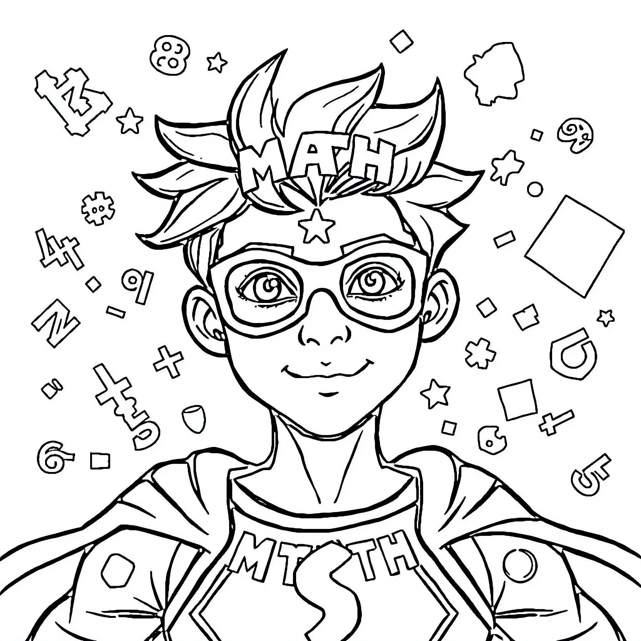 Math Superhero in Colorful Costume with Geometric Shapes Coloring Page (free black-and-white line drawing printable PDF for all, from beginners to advanced learners, including children, teens, adults, and seniors)