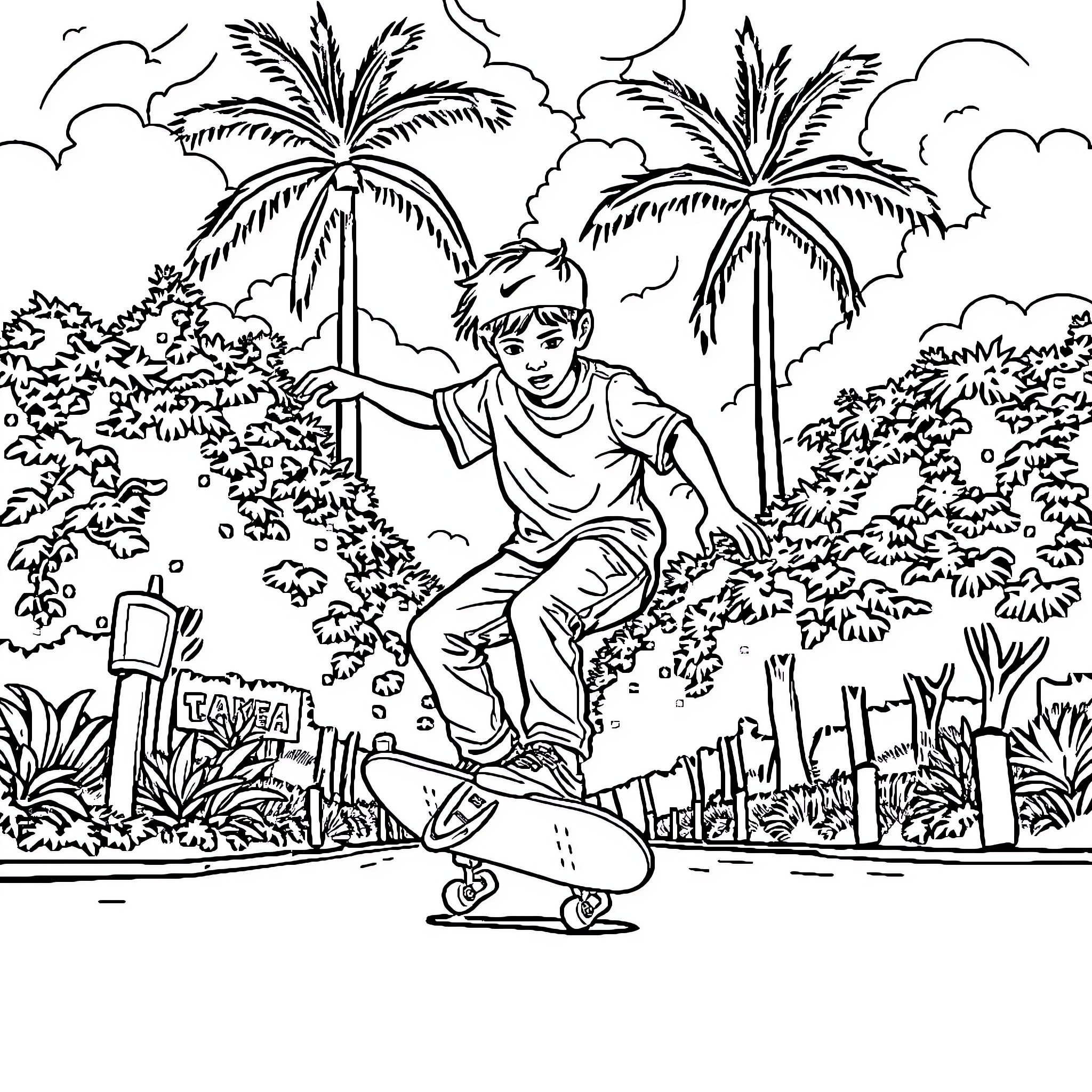 Skateboard rider in tropical landscape Coloring Page (free black-and-white line drawing printable PDF for all, from beginners to advanced learners, including children, teens, adults, and seniors)