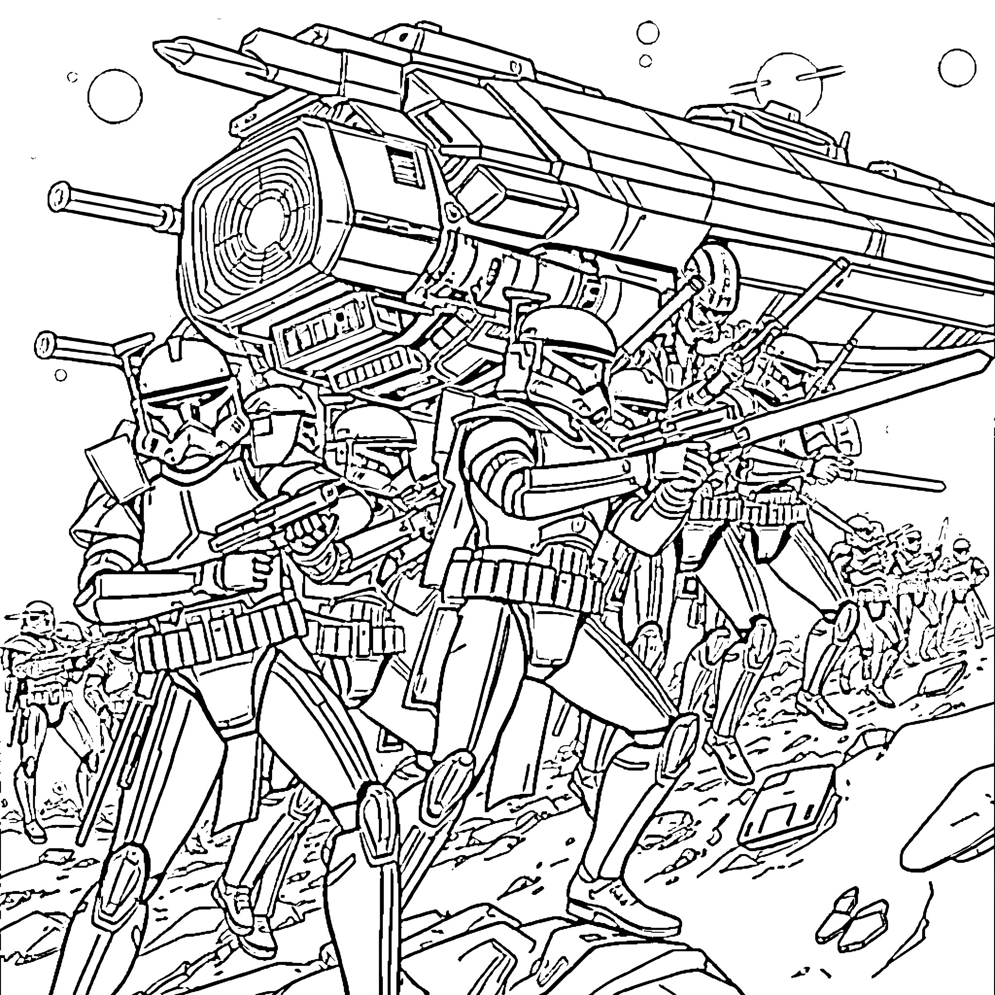 Clone Trooper Soldiers in Battle Formation Coloring Page (free black-and-white line drawing printable PDF for all, from beginners to advanced learners, including children, teens, adults, and seniors)