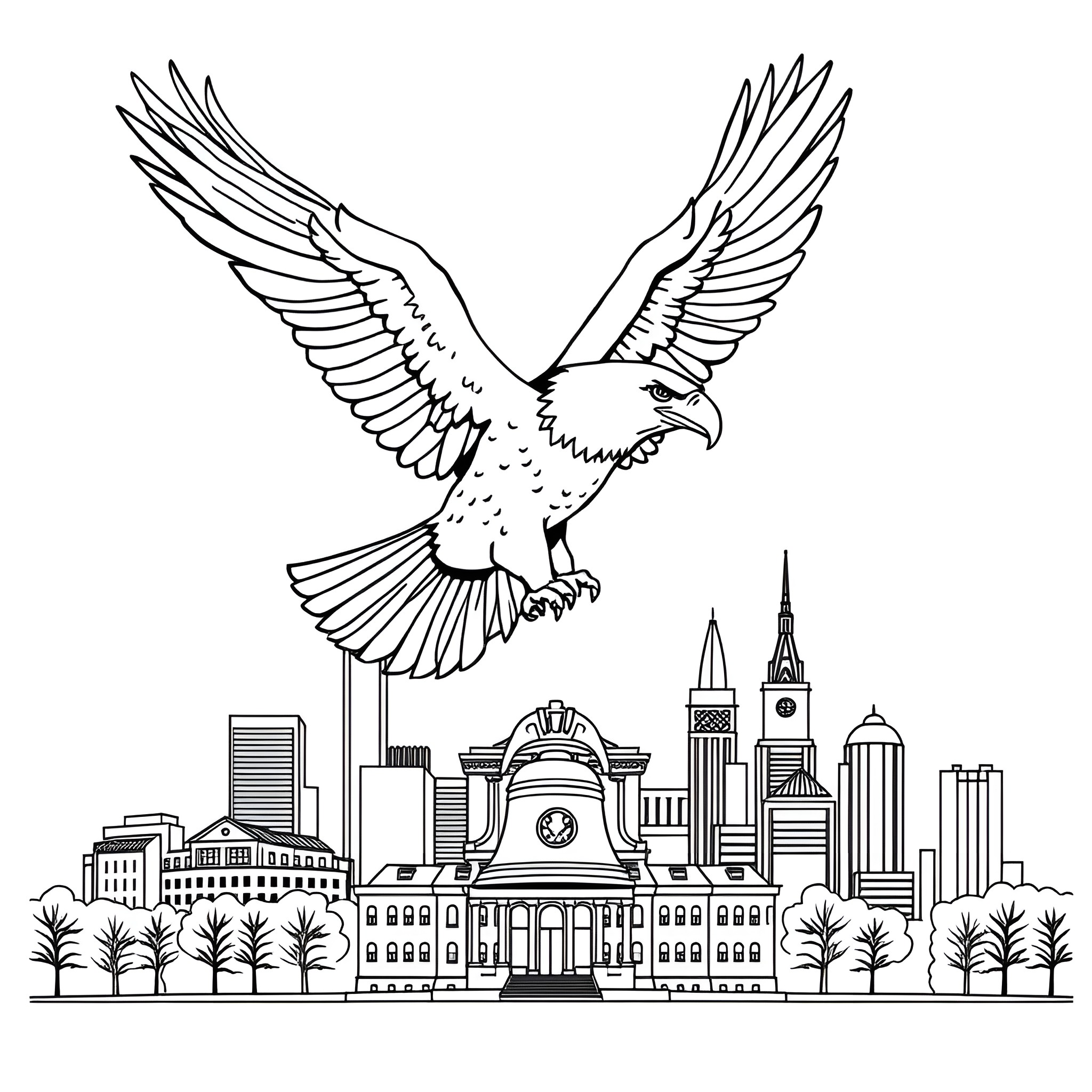 Eagle soaring over the city skyline Coloring Page (free black-and-white line drawing printable PDF for all, from beginners to advanced learners, including children, teens, adults, and seniors)