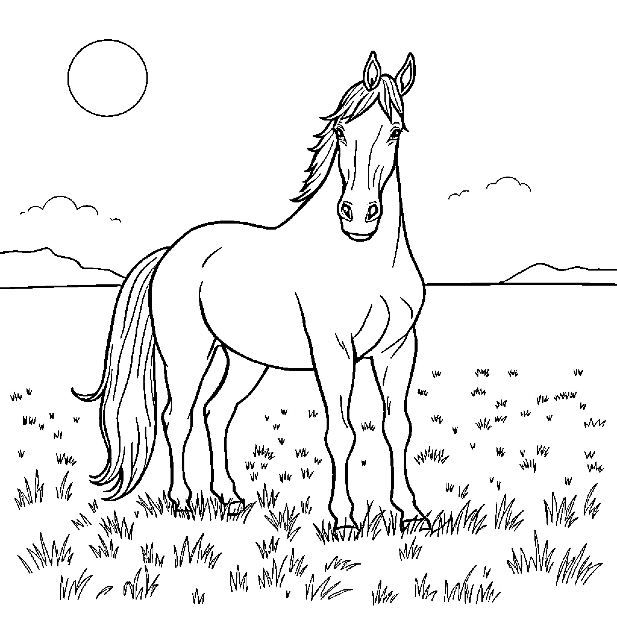 Horse standing in a grassy field Coloring Page (free black-and-white line drawing printable PDF for all, from beginners to advanced learners, including children, teens, adults, and seniors)